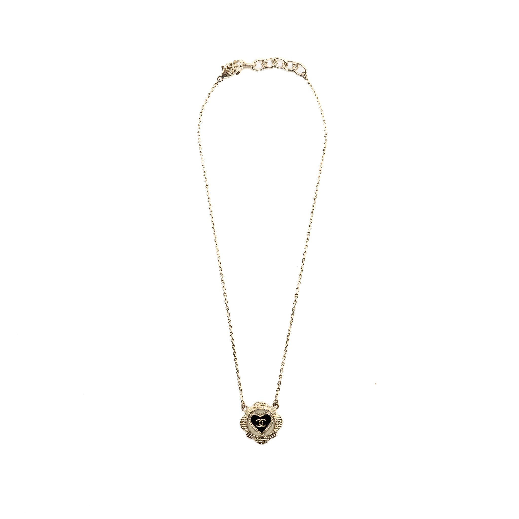 CHANEL 21A CC HEART NECKLACE CRYSTAL BLACK/WHITE LIGHT GOLD TONE