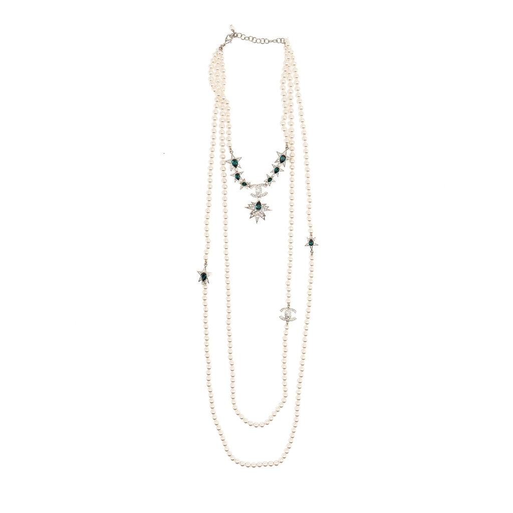 CHANEL CC AND STAR LAYERED LONG NECKLACE PEARL/CRYSTAL GREEN/SILVER TONE