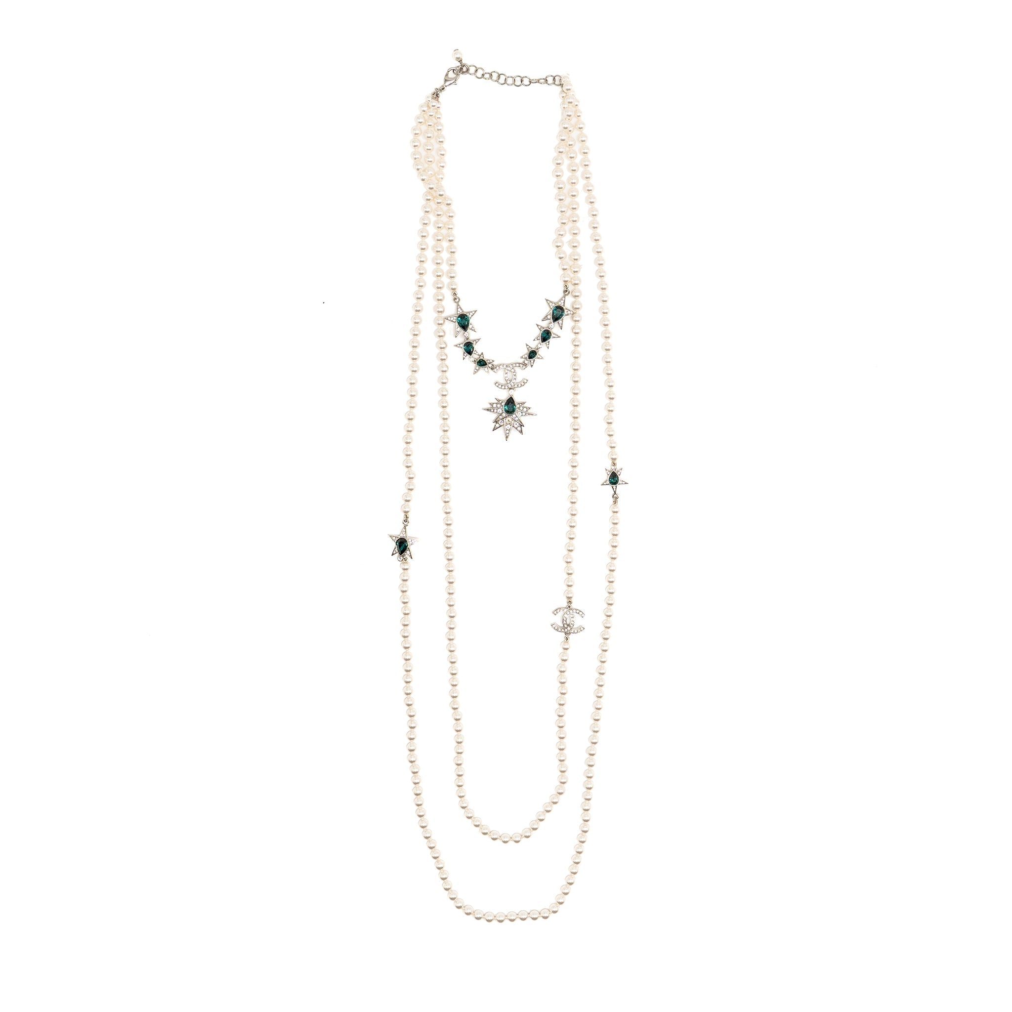 CHANEL CC AND STAR LAYERED LONG NECKLACE PEARL/CRYSTAL GREEN/SILVER TONE