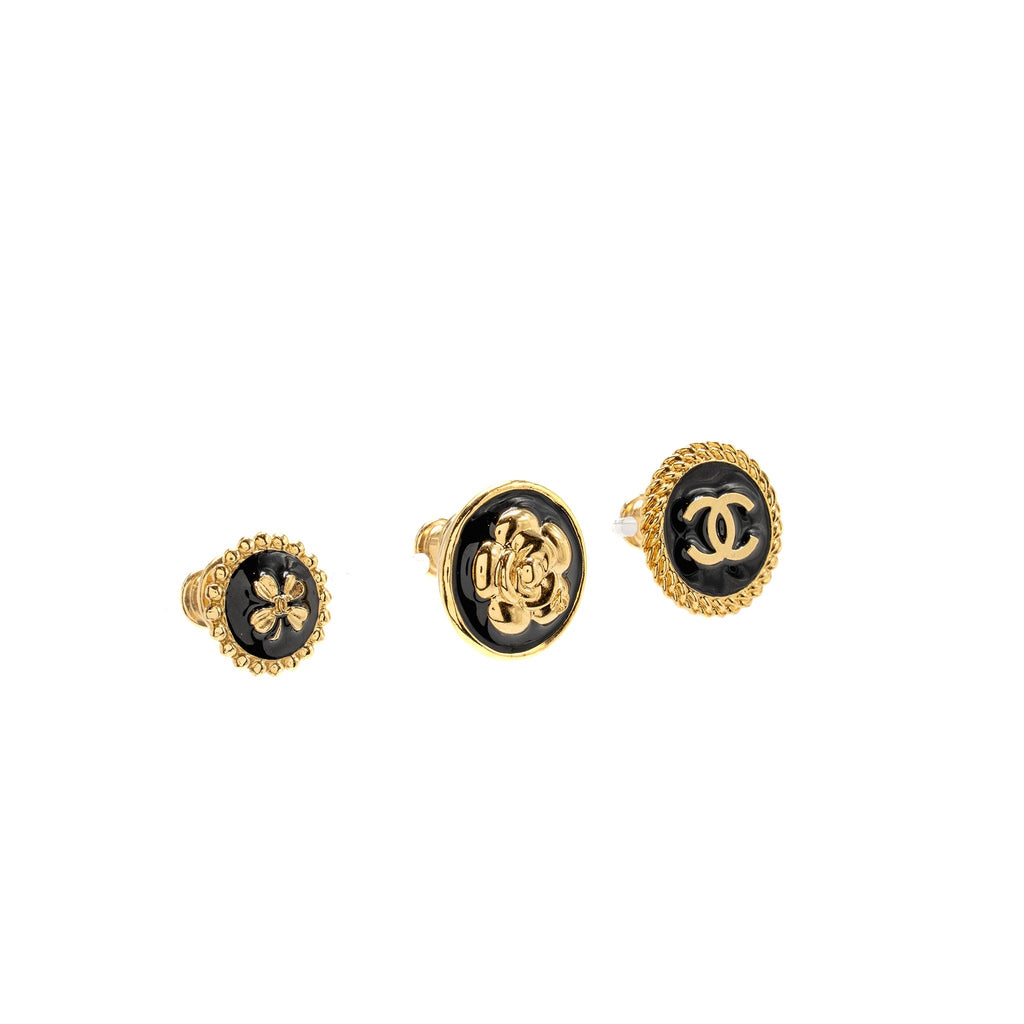 CHANEL CC, CAMELLIA, LUCKY CLOVER BROOCH SET BLACK GOLD TONE