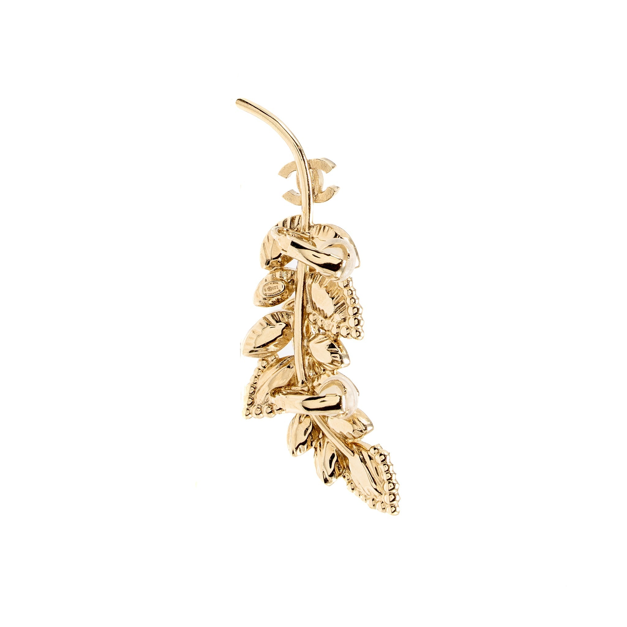 CHANEL CC LOGO CRYSTAL LEAF SINGLE EAR CLIPS LIGHT GOLD TONE