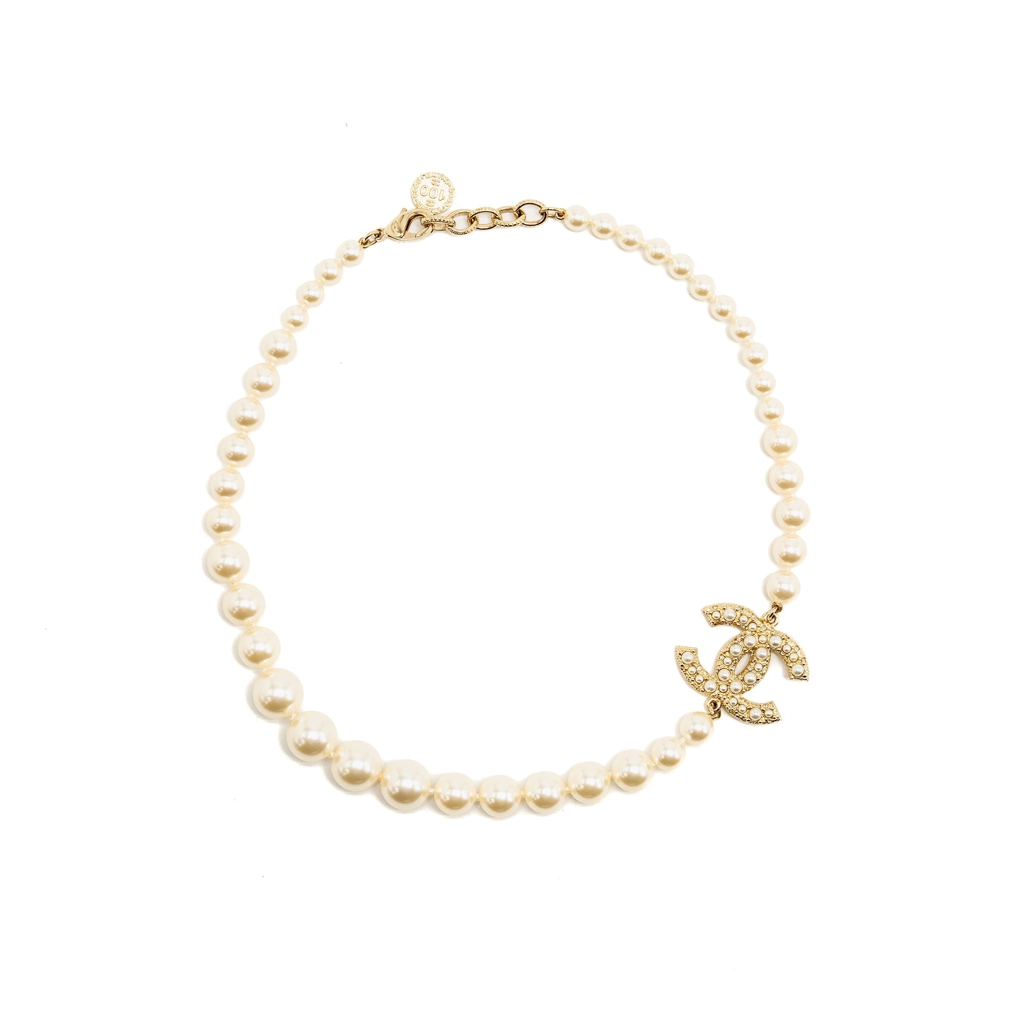 CHANEL CC PEARL AND COCO CHARM NECKLACE/CHOKER AND EARRINGS CRYSTAL GOLD TONE (SELL IN SET)