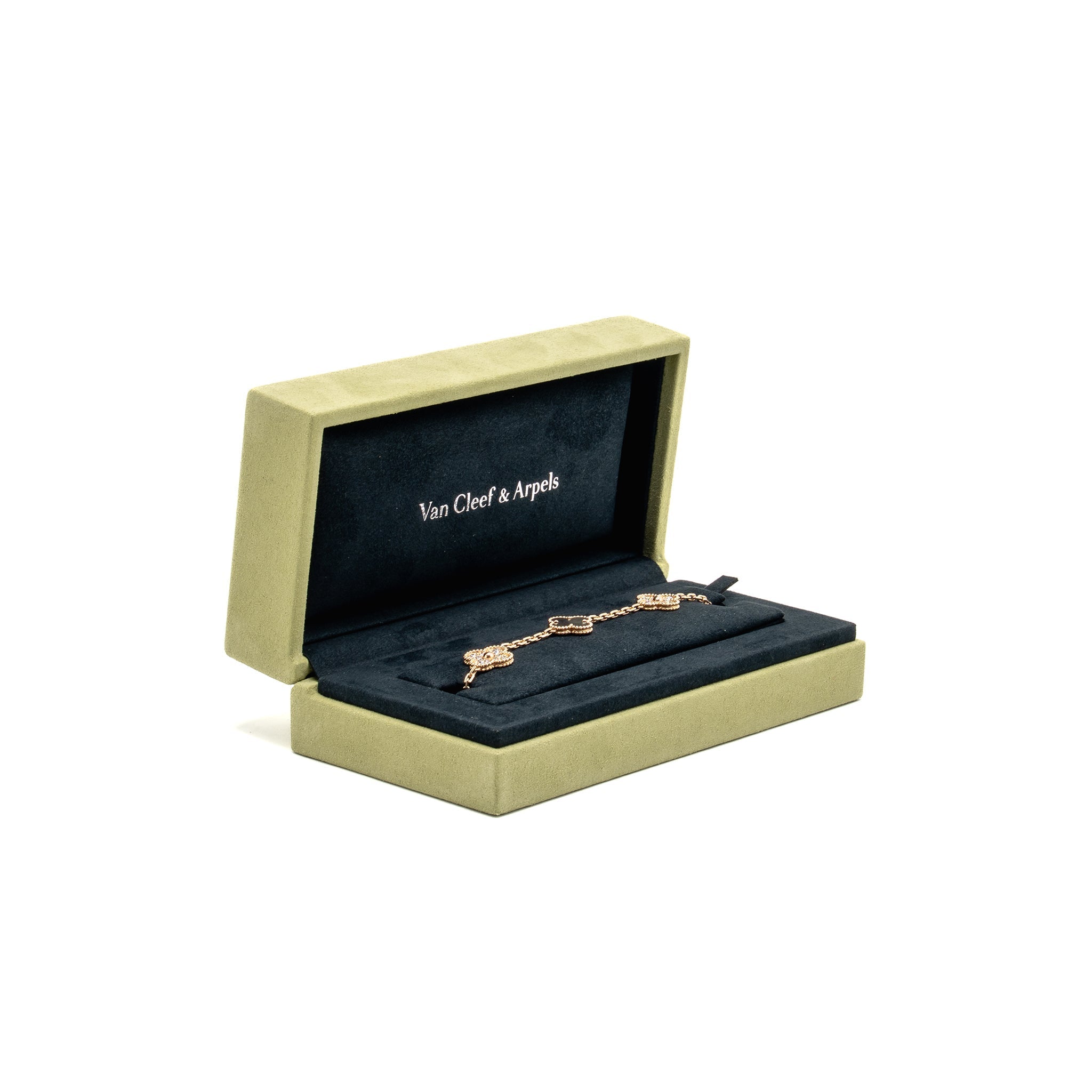 VAN CLEEF AND ARPELS VINTAGE ALHAMBRA BRACELET 5 MOTIF, 18K ROSE GOLD, DIAMOND, GREY MOTHER OF PEARL