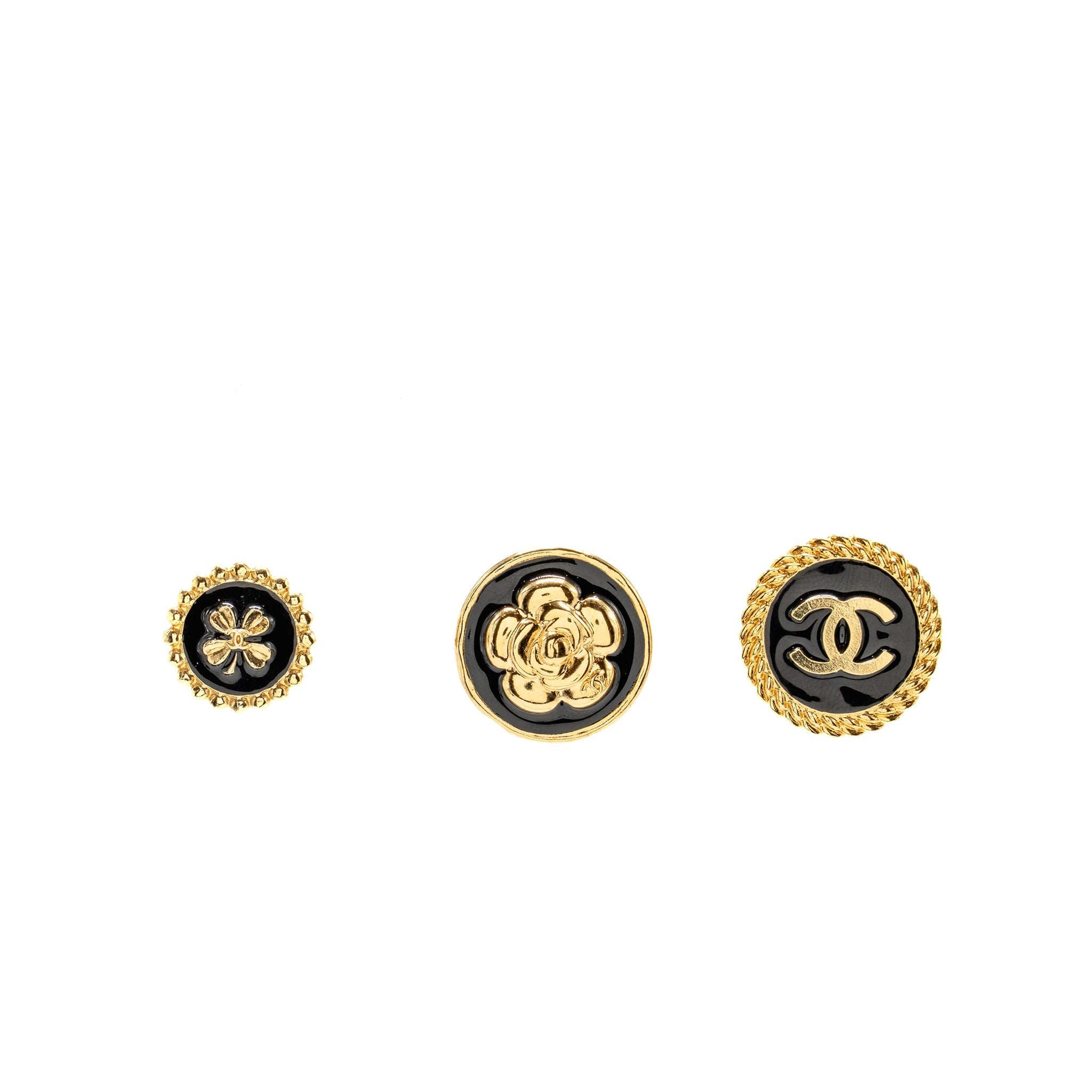 CHANEL CC, CAMELLIA, LUCKY CLOVER BROOCH SET BLACK GOLD TONE