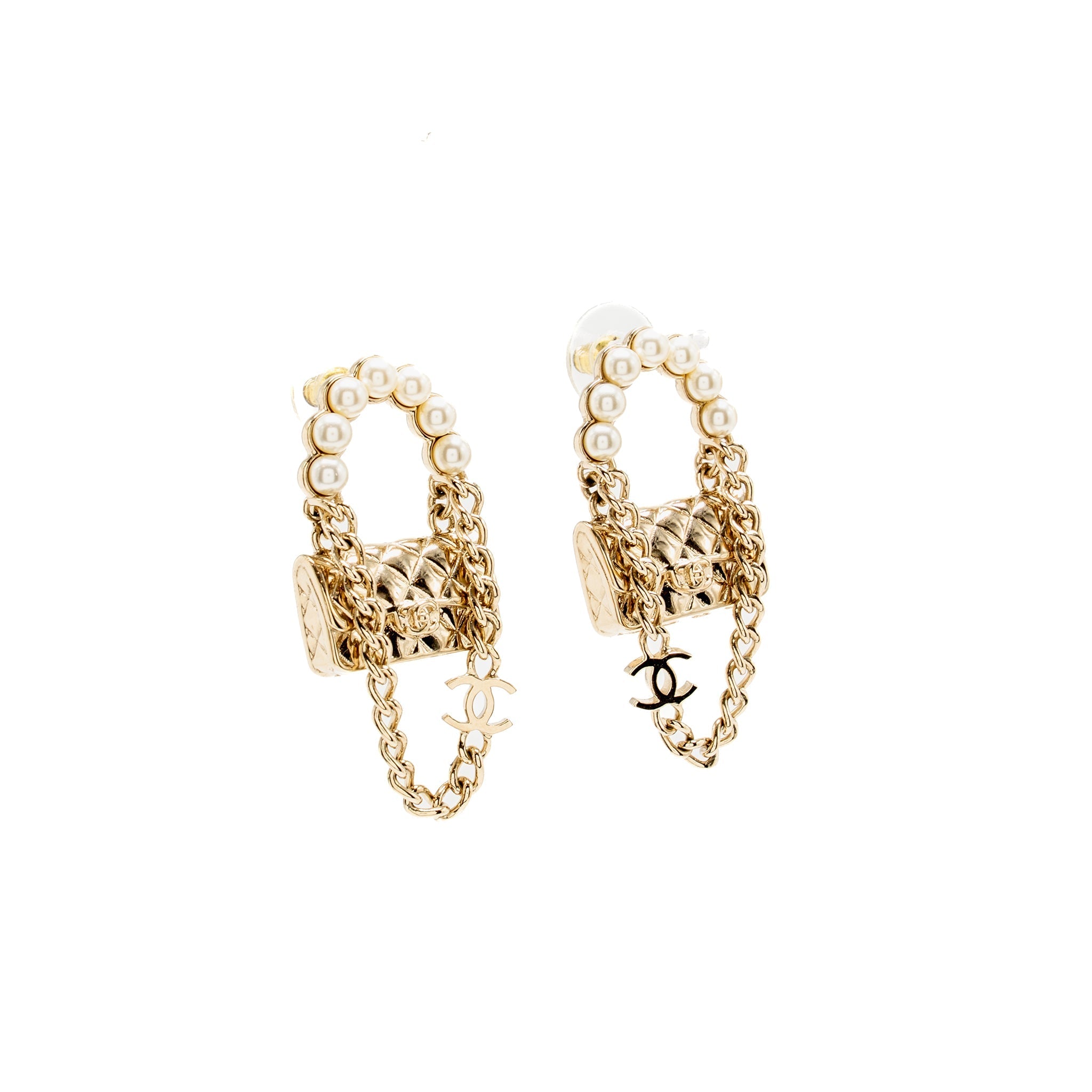 CHANEL CLASSIC FLAP BAG WITH CC CHAIN DROP EARRINGS PEARL LIGHT GOLD TONE