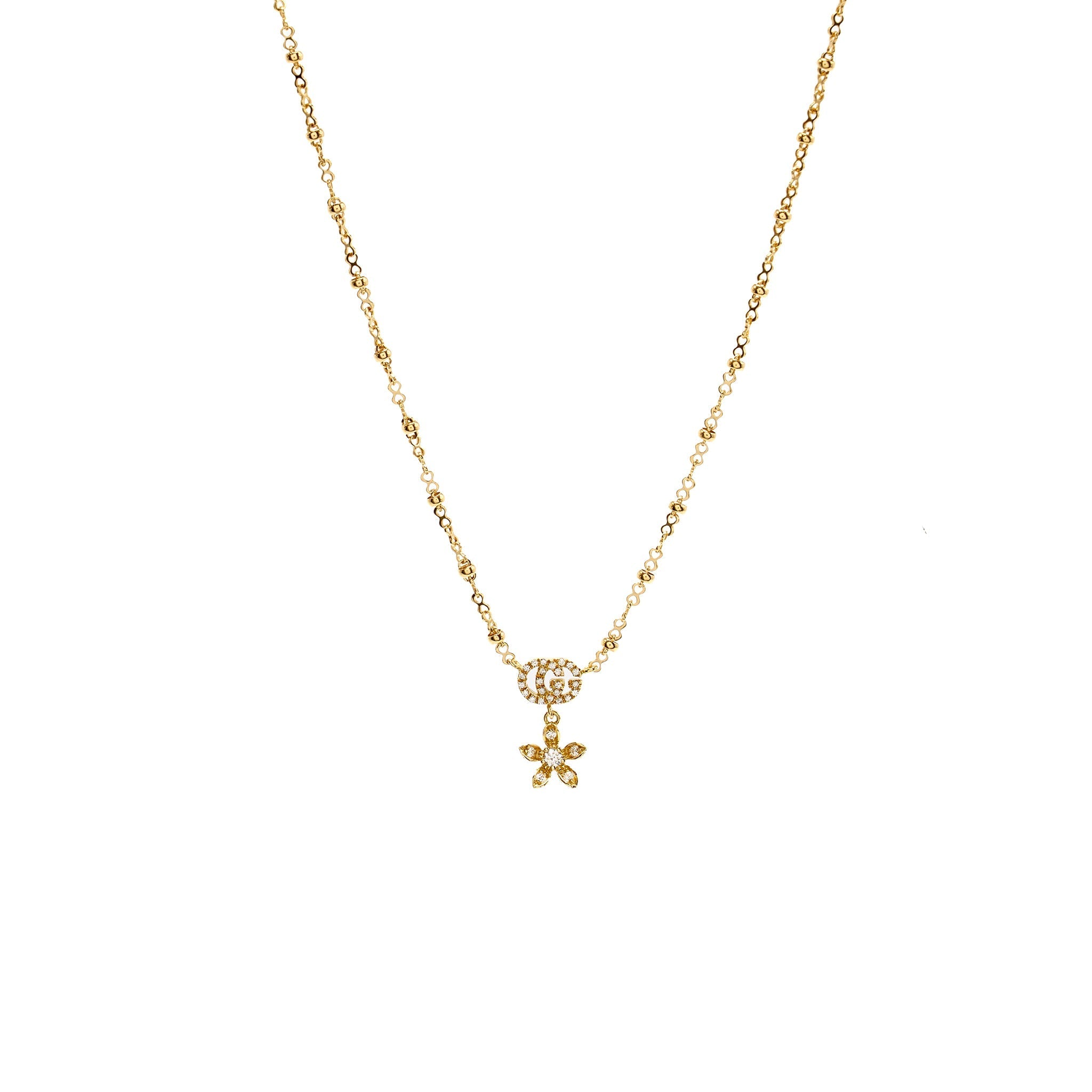 GUCCI DOUBLE G AND FLOWER PENDANT YELLOW GOLD, DIAMONDS