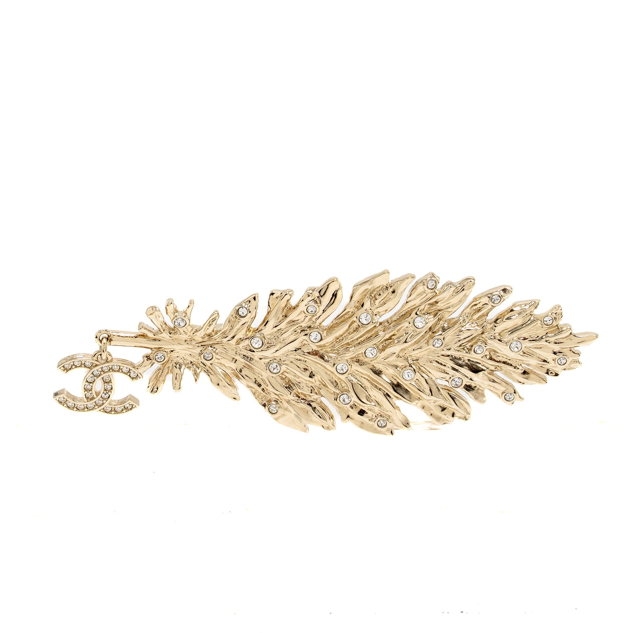 CHANEL CC FEATHER BROOCH AND EARRINGS CRYSTAL GOLD TONE (SELL IN SET)