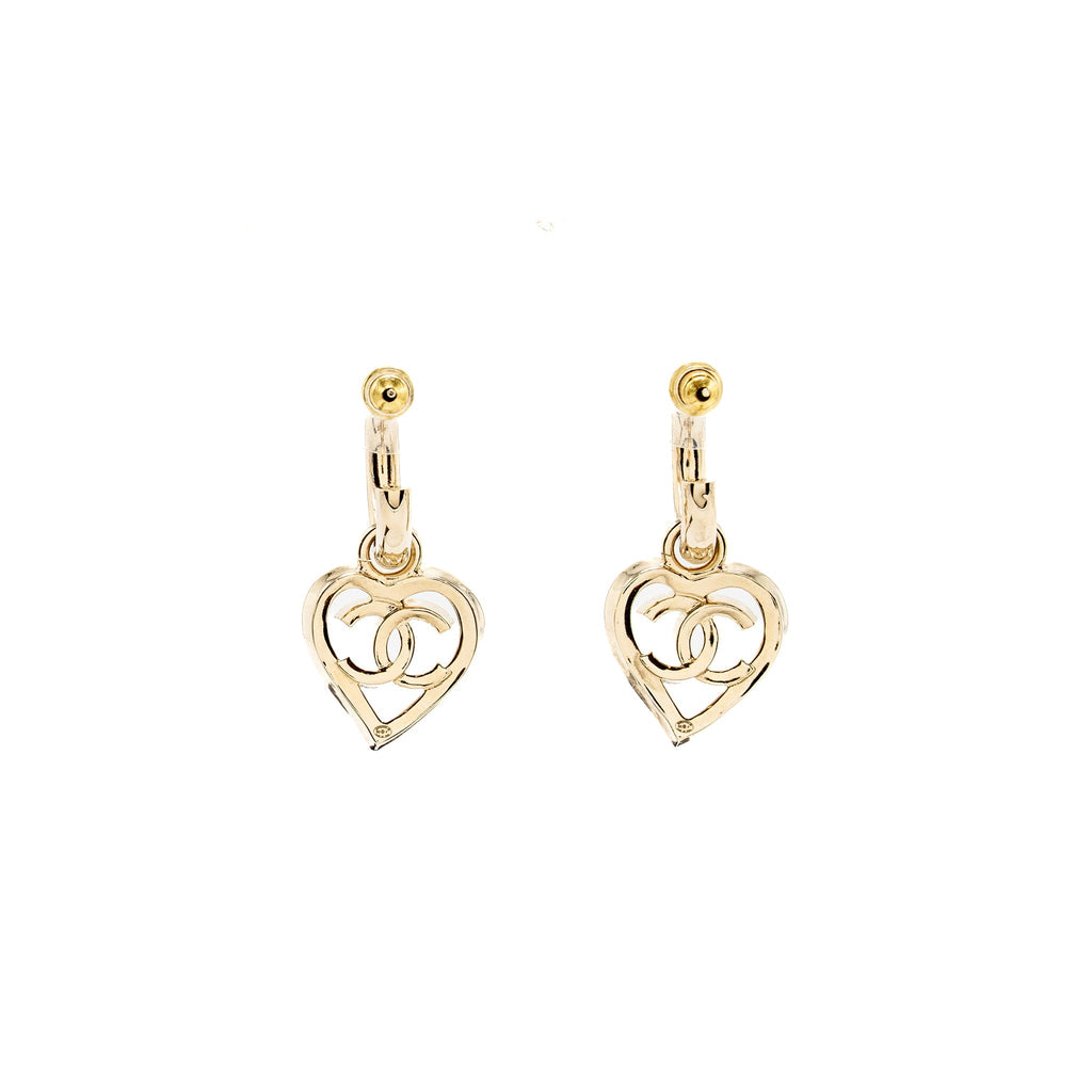 CHANEL HEART DROPPED HOOP EARRINGS LIGHT GOLD TONE