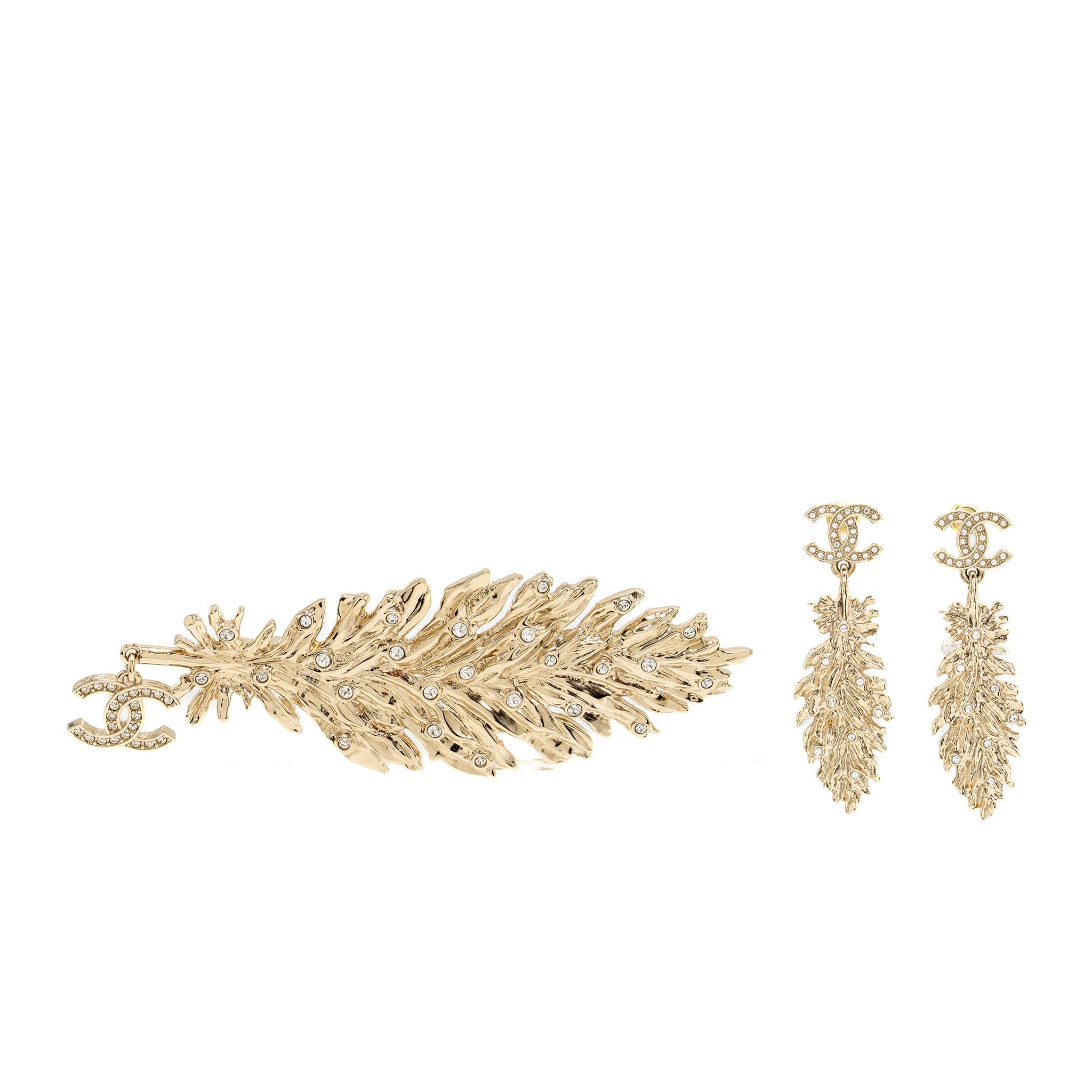 CHANEL CC FEATHER BROOCH AND EARRINGS CRYSTAL GOLD TONE (SELL IN SET)