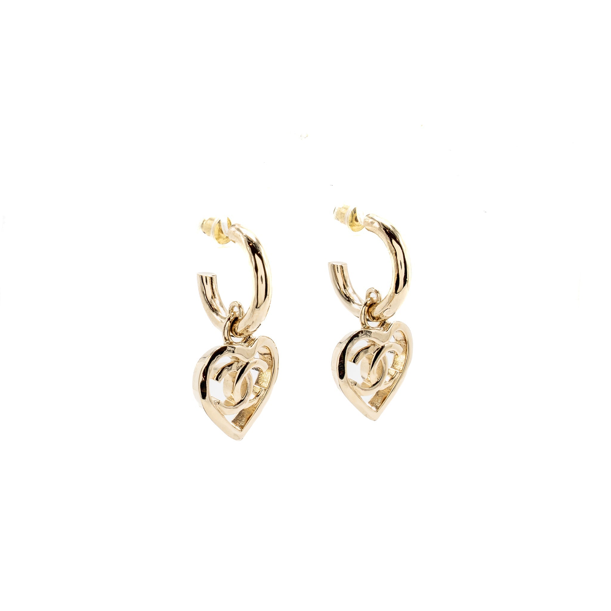 CHANEL HEART DROPPED HOOP EARRINGS LIGHT GOLD TONE