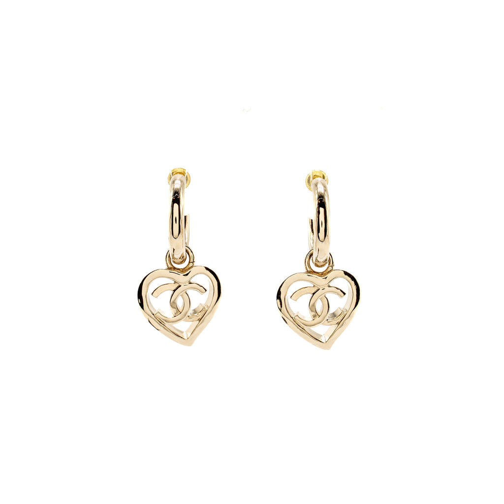 CHANEL HEART DROPPED HOOP EARRINGS LIGHT GOLD TONE
