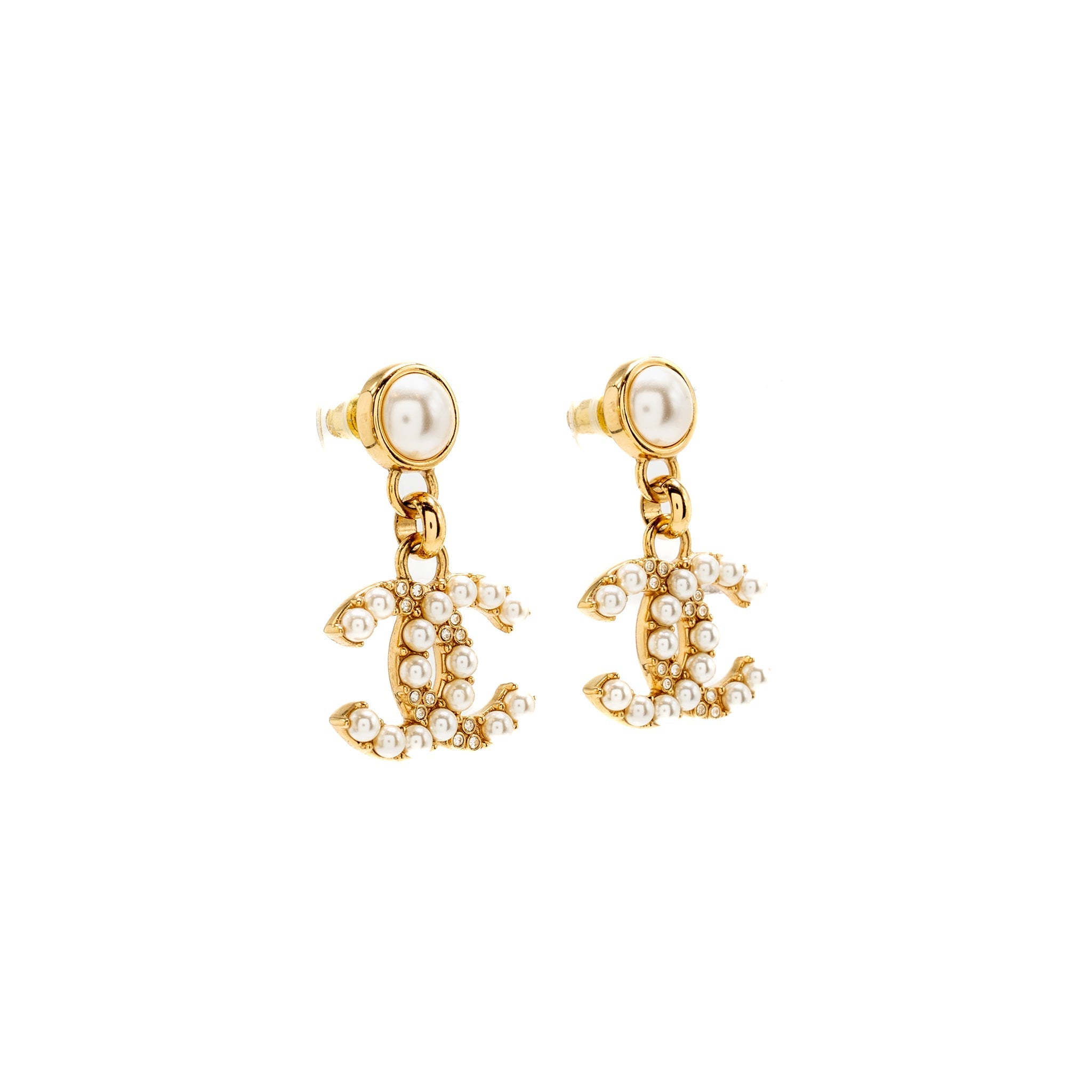 CHANEL CC PEARL AND COCO CHARM NECKLACE/CHOKER AND EARRINGS CRYSTAL GOLD TONE (SELL IN SET)