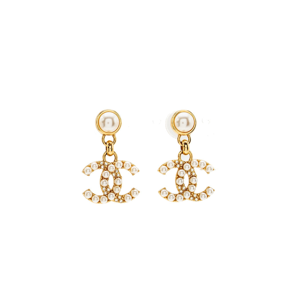 CHANEL CC PEARL AND COCO CHARM NECKLACE/CHOKER AND EARRINGS CRYSTAL GOLD TONE (SELL IN SET)