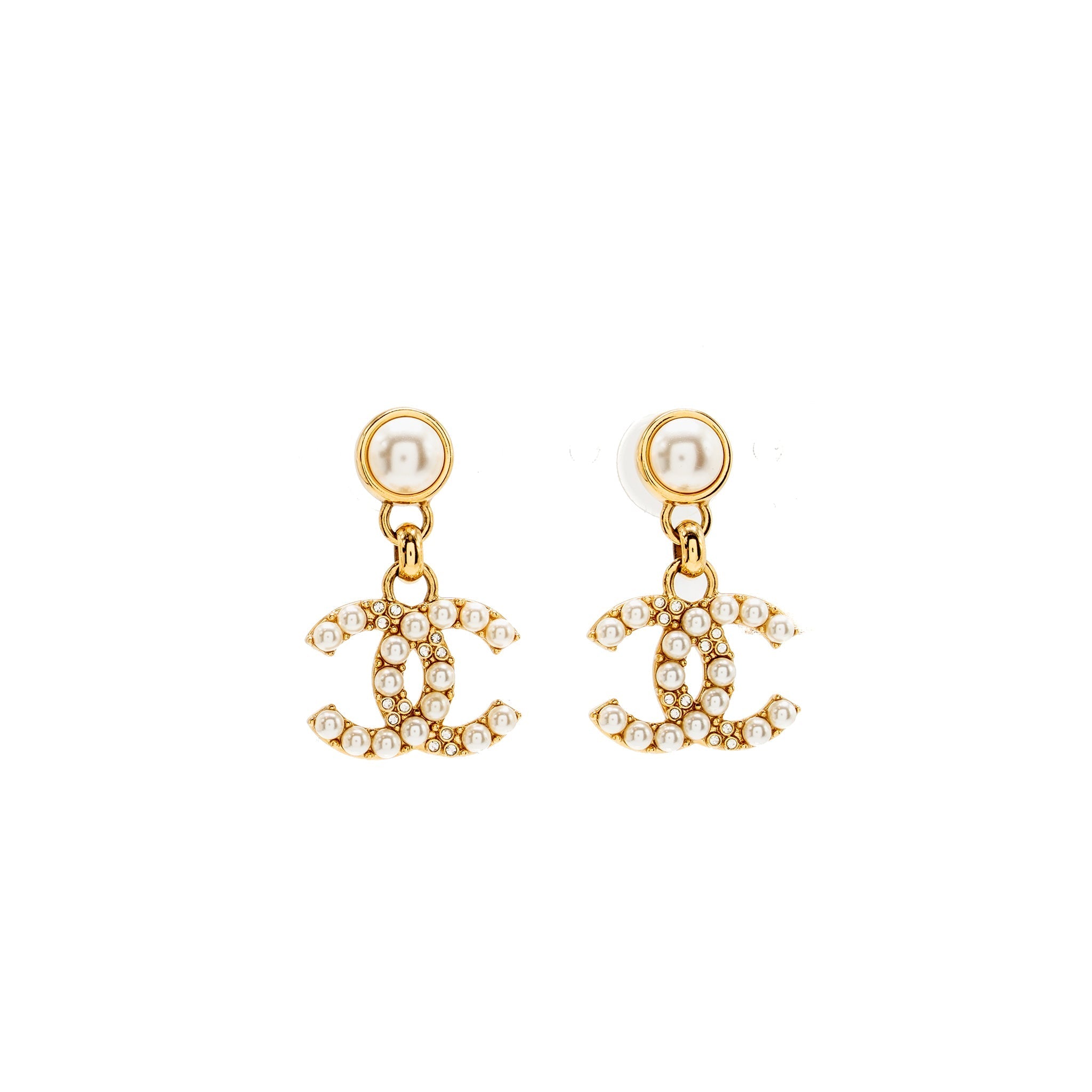 CHANEL CC PEARL AND COCO CHARM NECKLACE/CHOKER AND EARRINGS CRYSTAL GOLD TONE (SELL IN SET)