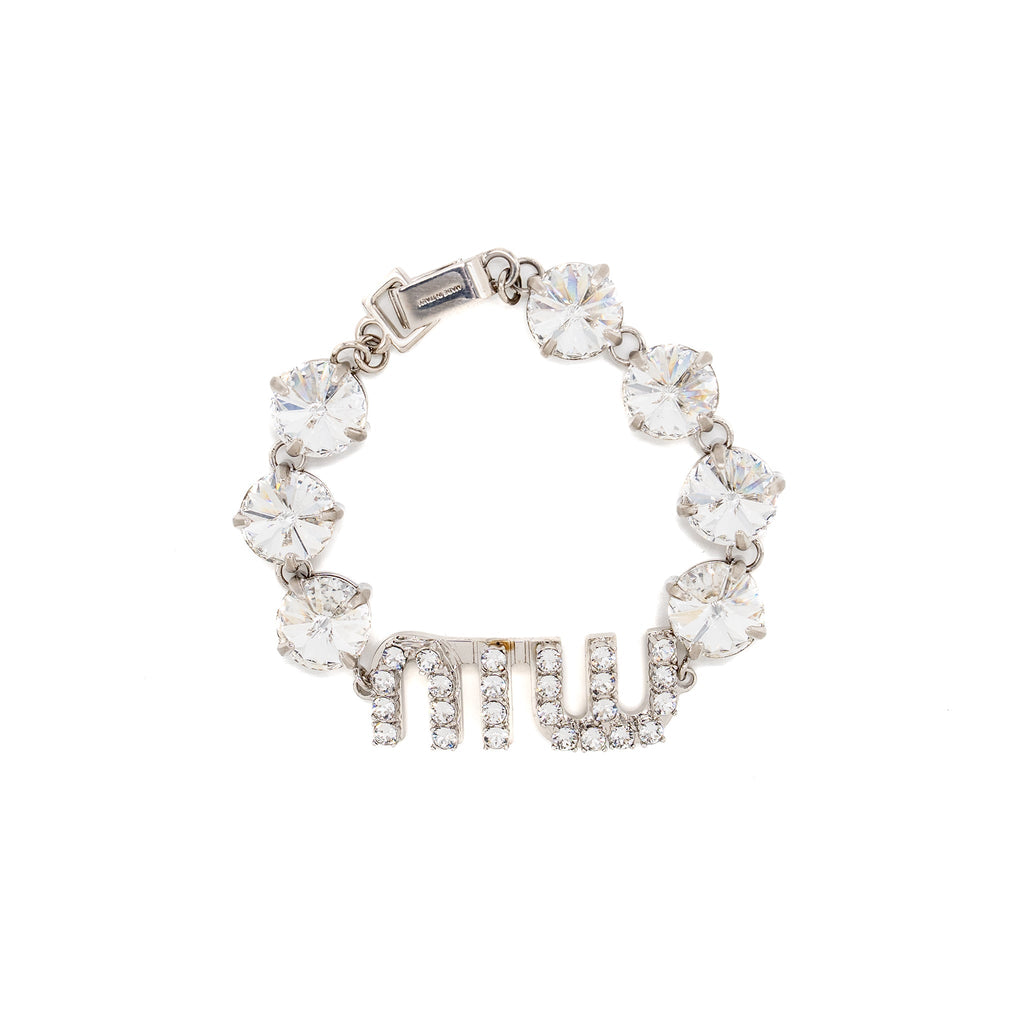 MIU MIU LOGO CRYSTAL-EMBELLISHED BRACELET SILVER TONE