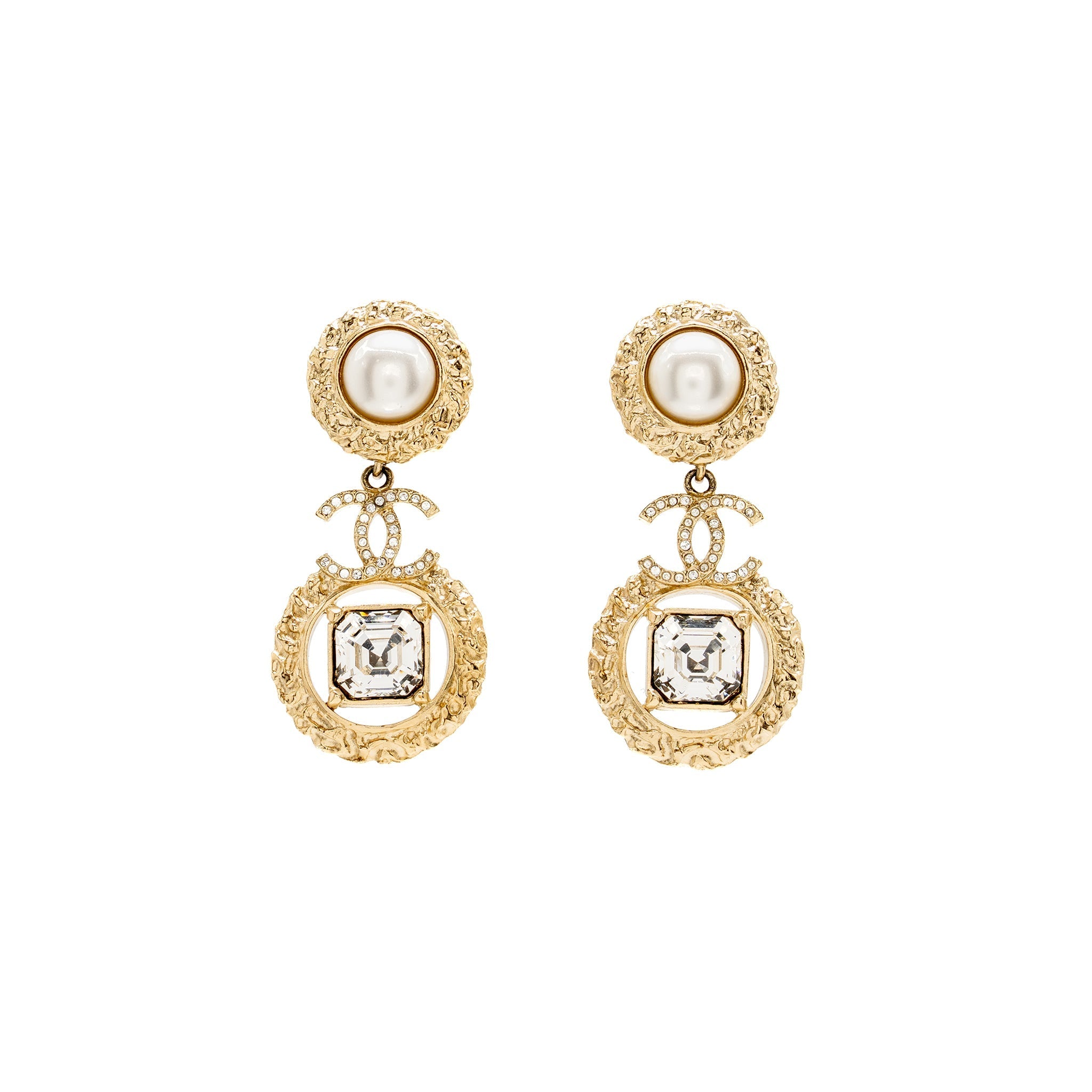 CHANEL CC DROP NECKLACE/CHOKER AND EARRINGS PEARL/CRYSTAL GOLD TONE (SELL IN SET)