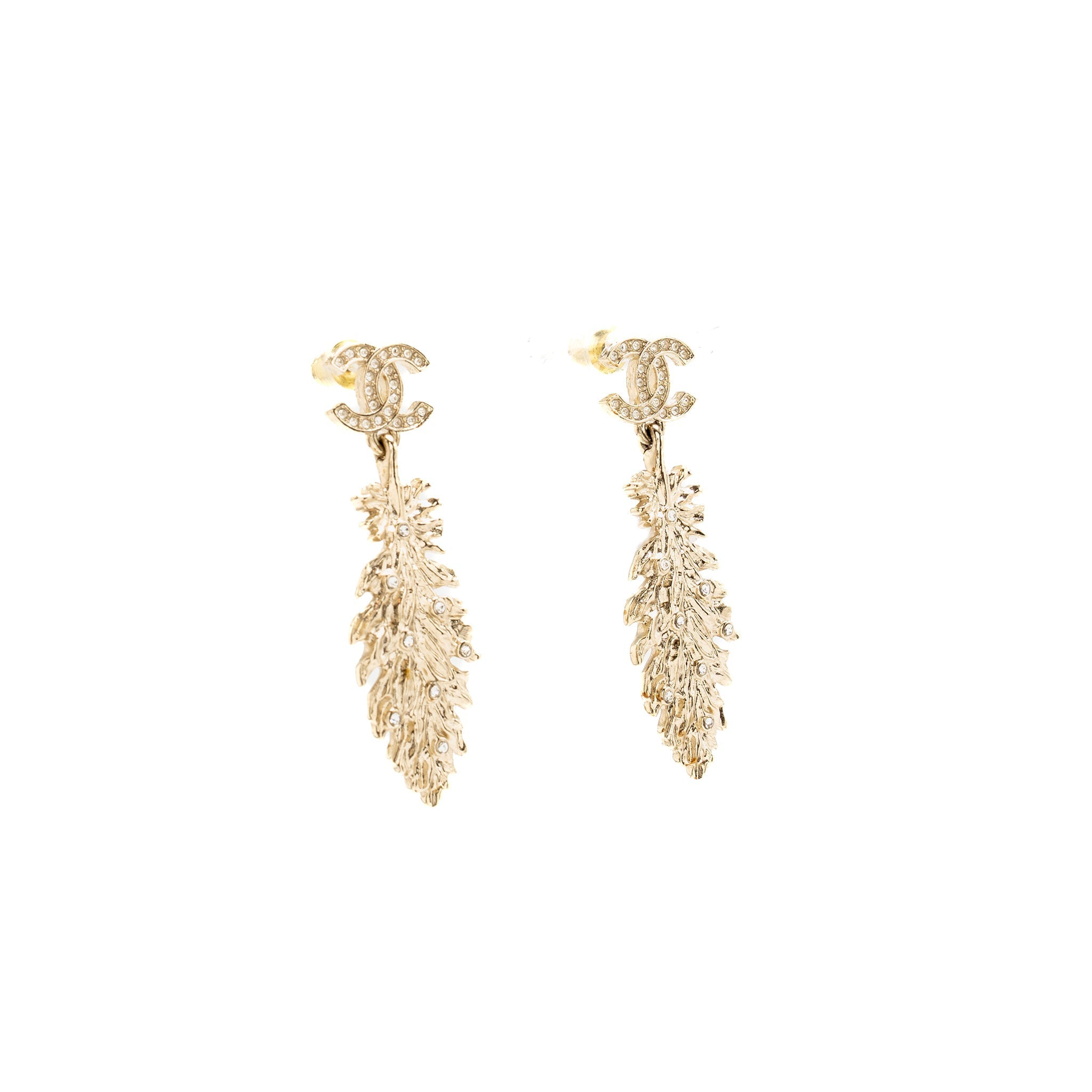 CHANEL CC FEATHER BROOCH AND EARRINGS CRYSTAL GOLD TONE (SELL IN SET)
