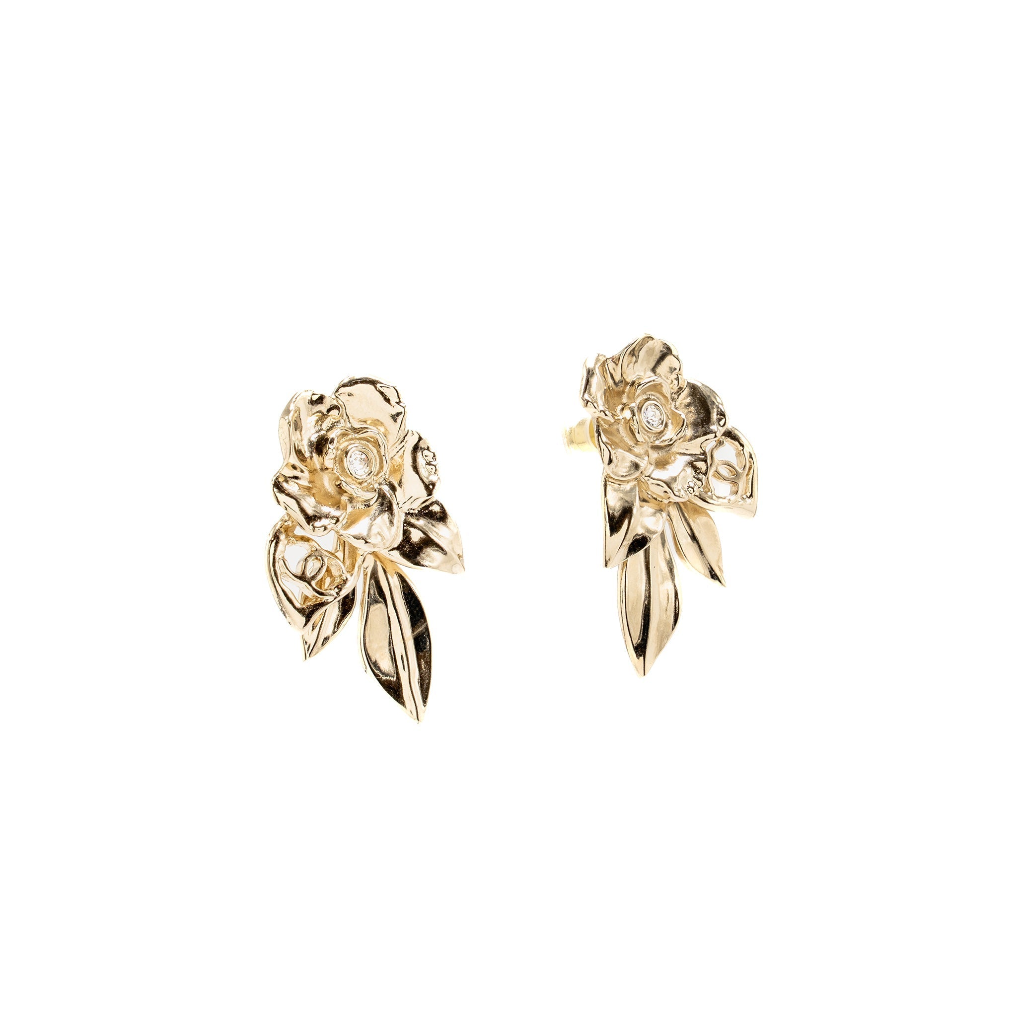 CHANEL LEAVES DROP CC CAMELLIA EARRINGS CRYSTAL LIGHT GOLD TONE