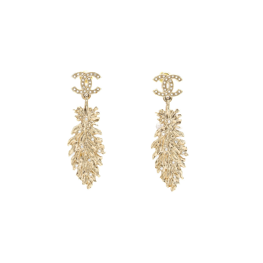 CHANEL CC FEATHER BROOCH AND EARRINGS CRYSTAL GOLD TONE (SELL IN SET)