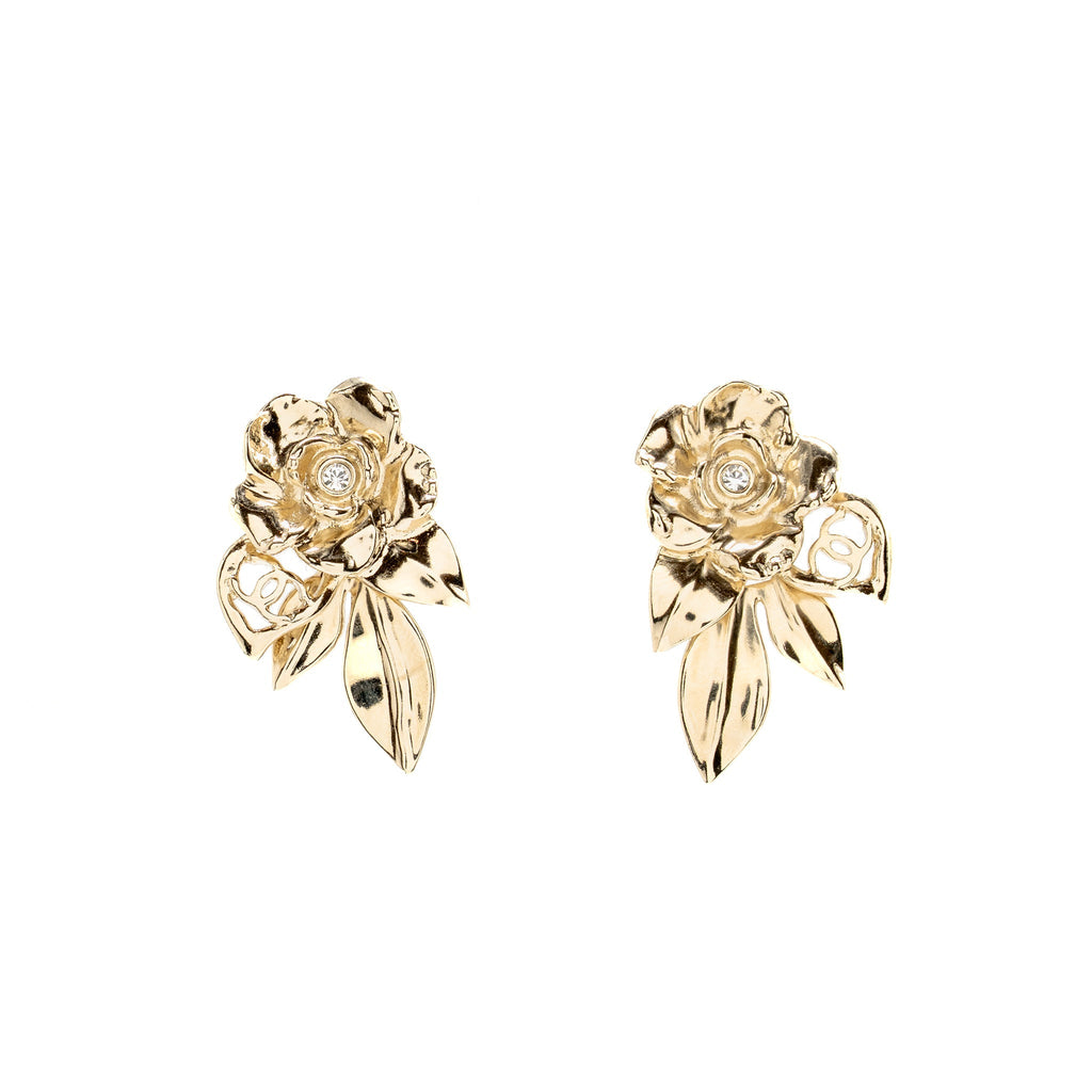 CHANEL LEAVES DROP CC CAMELLIA EARRINGS CRYSTAL LIGHT GOLD TONE