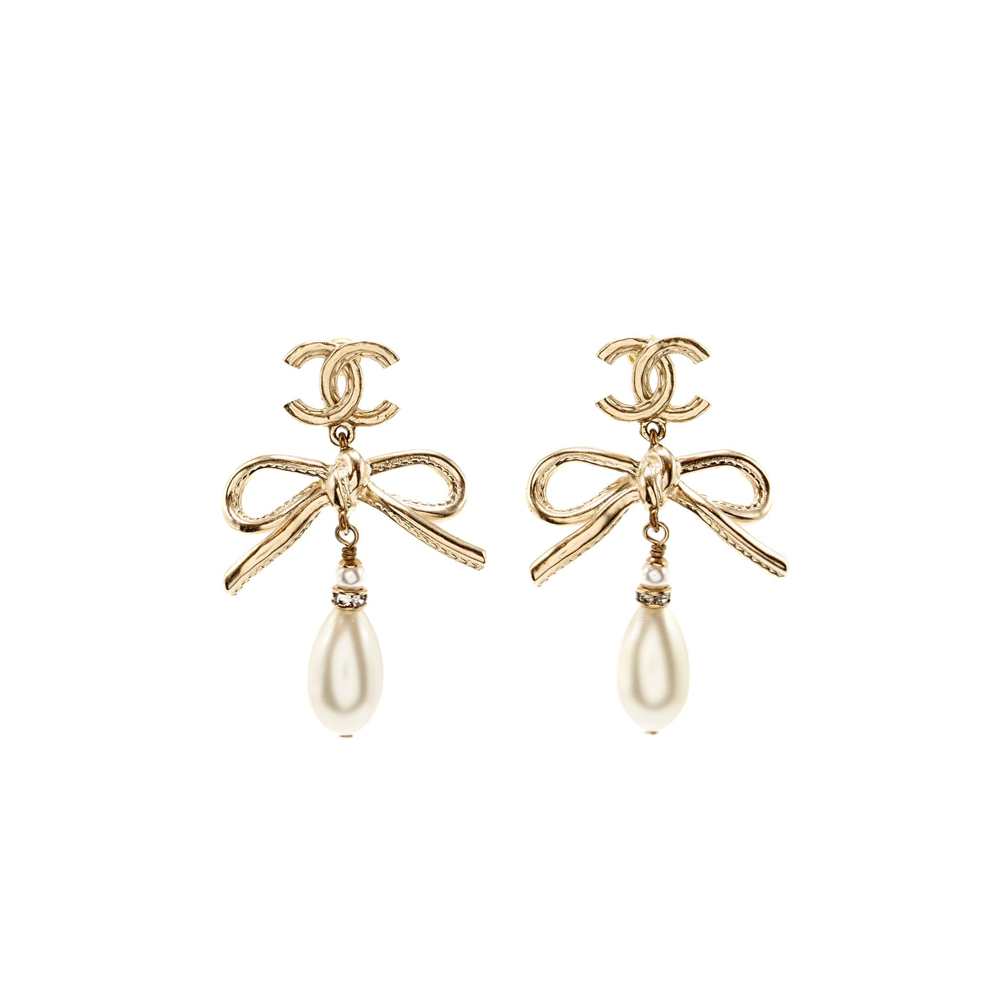 CHANEL GIANT BOW/PEARL DROP EARRINGS LIGHT GOLD TONE