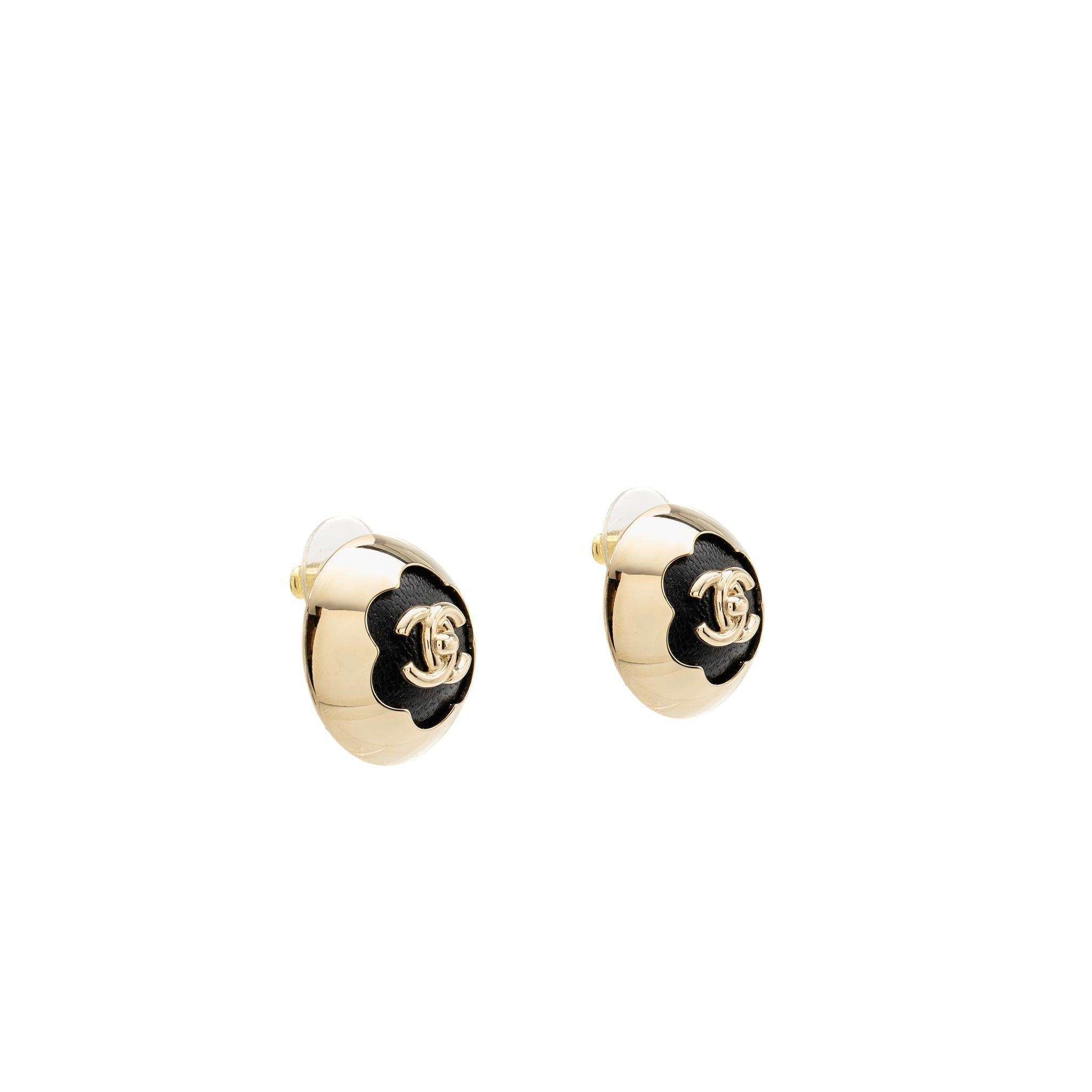 CHANEL CC CAMELLIA FLOWER STUD EARRINGS BLACK LIGHT GOLD TONE