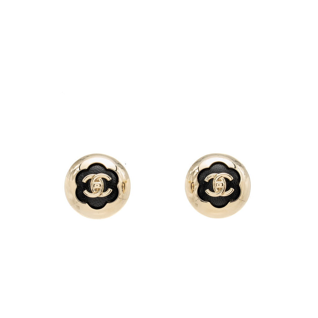 CHANEL CC CAMELLIA FLOWER STUD EARRINGS BLACK LIGHT GOLD TONE
