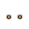 CHANEL CC CAMELLIA FLOWER STUD EARRINGS BLACK LIGHT GOLD TONE