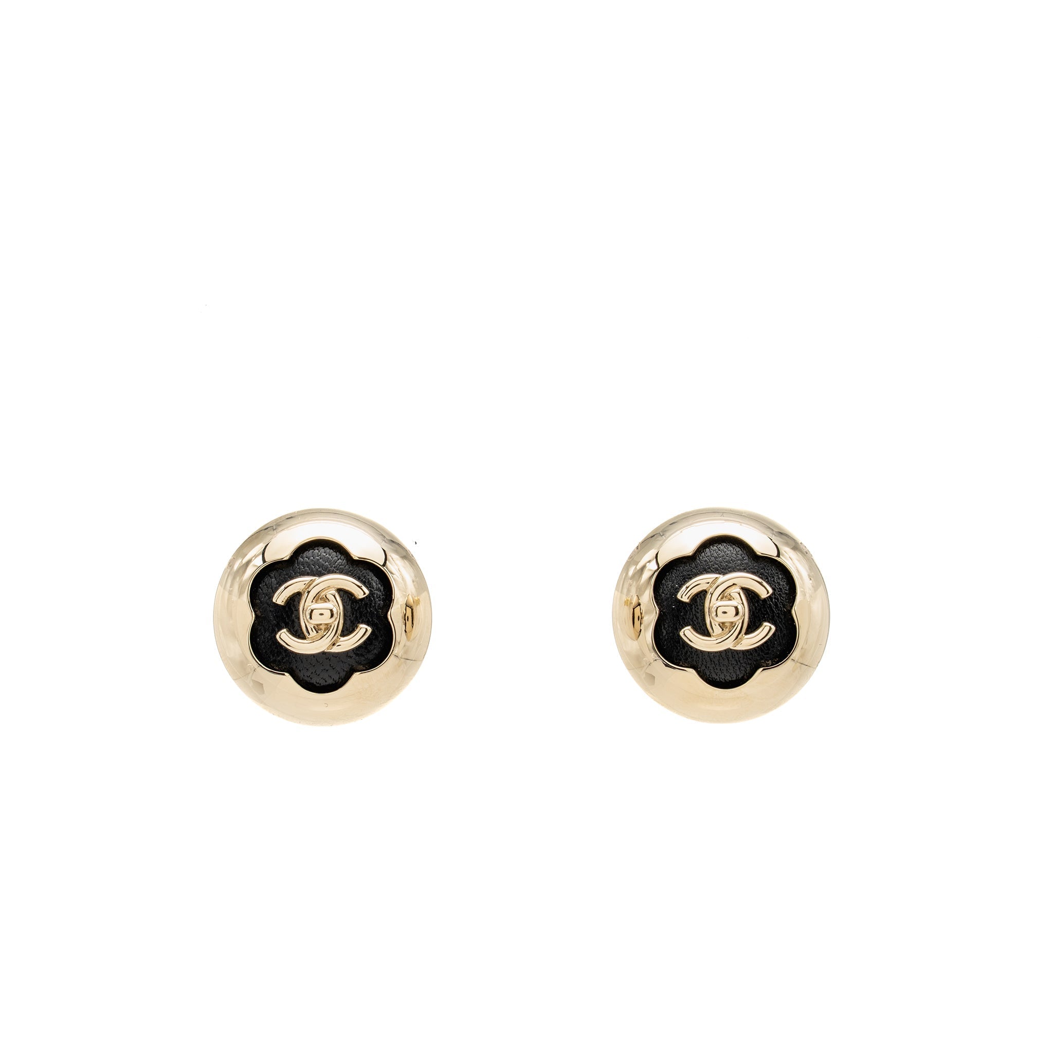 CHANEL CC CAMELLIA FLOWER STUD EARRINGS BLACK LIGHT GOLD TONE
