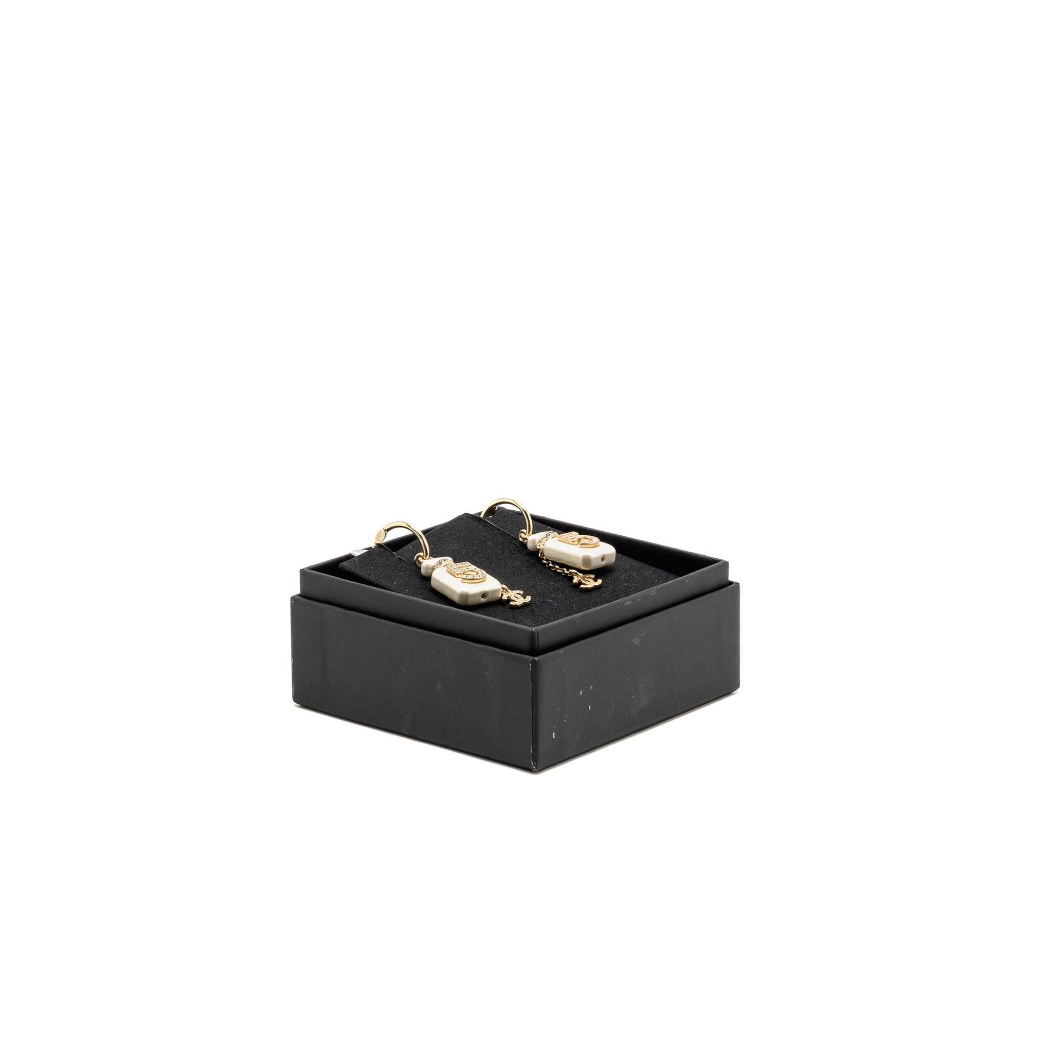 CHANEL NO.5 PERFUME BOTTLE DROP EARRINGS CRYSTAL LIGHT GOLD TONE