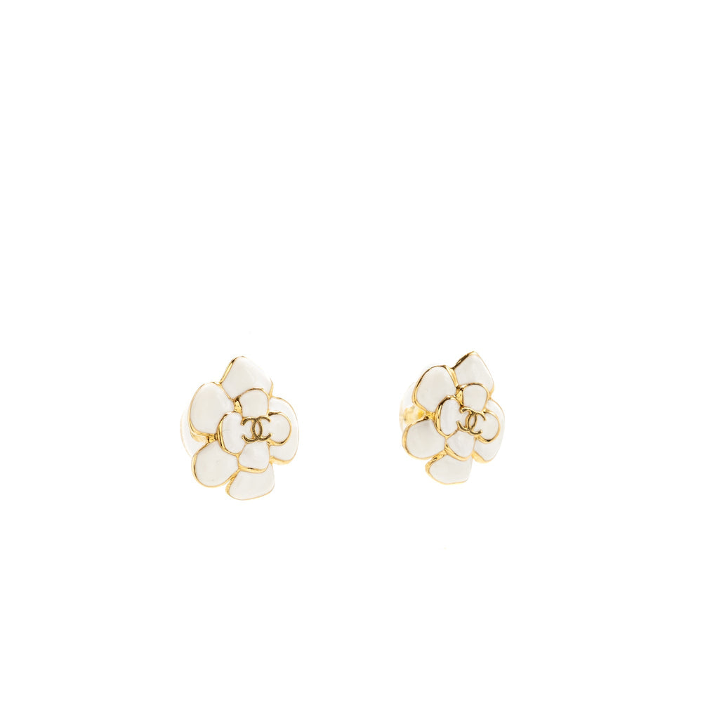 CHANEL WHITE CAMELLIA FLOWER STUD EARRINGS GOLD TONE