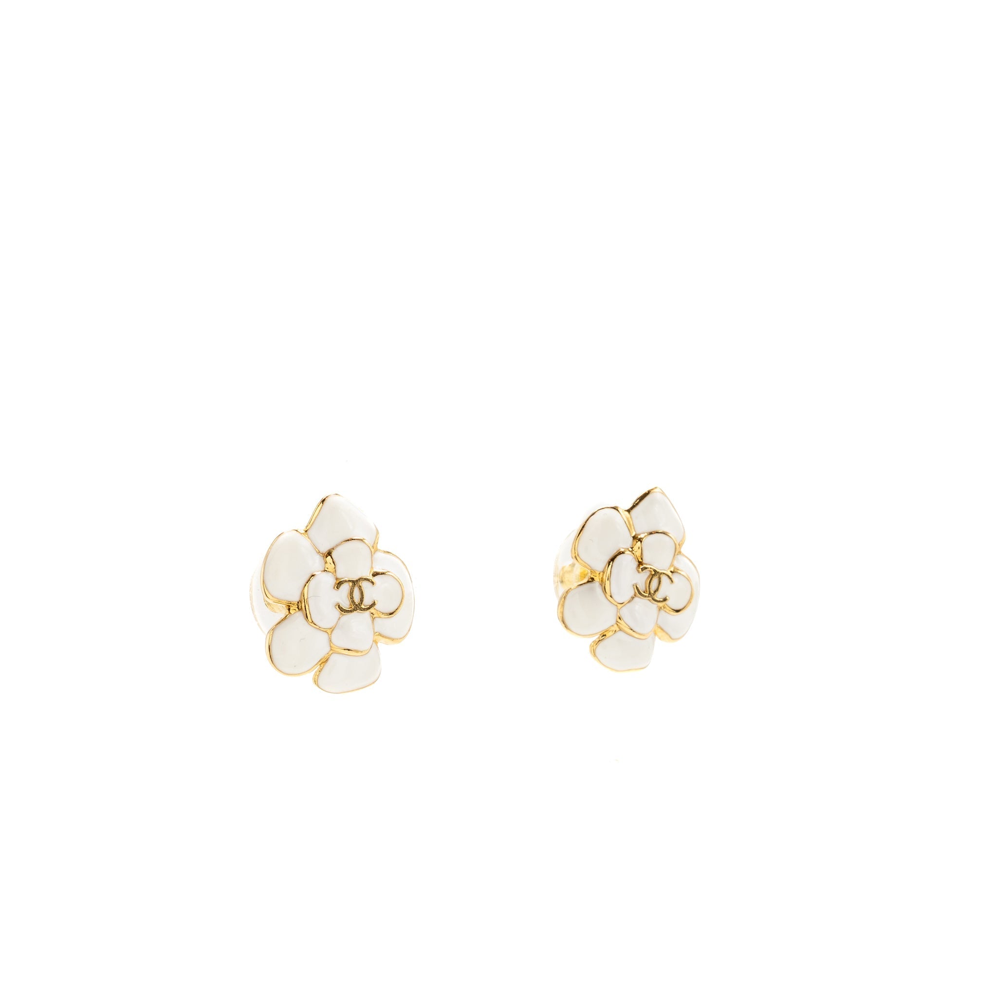 CHANEL WHITE CAMELLIA FLOWER STUD EARRINGS GOLD TONE