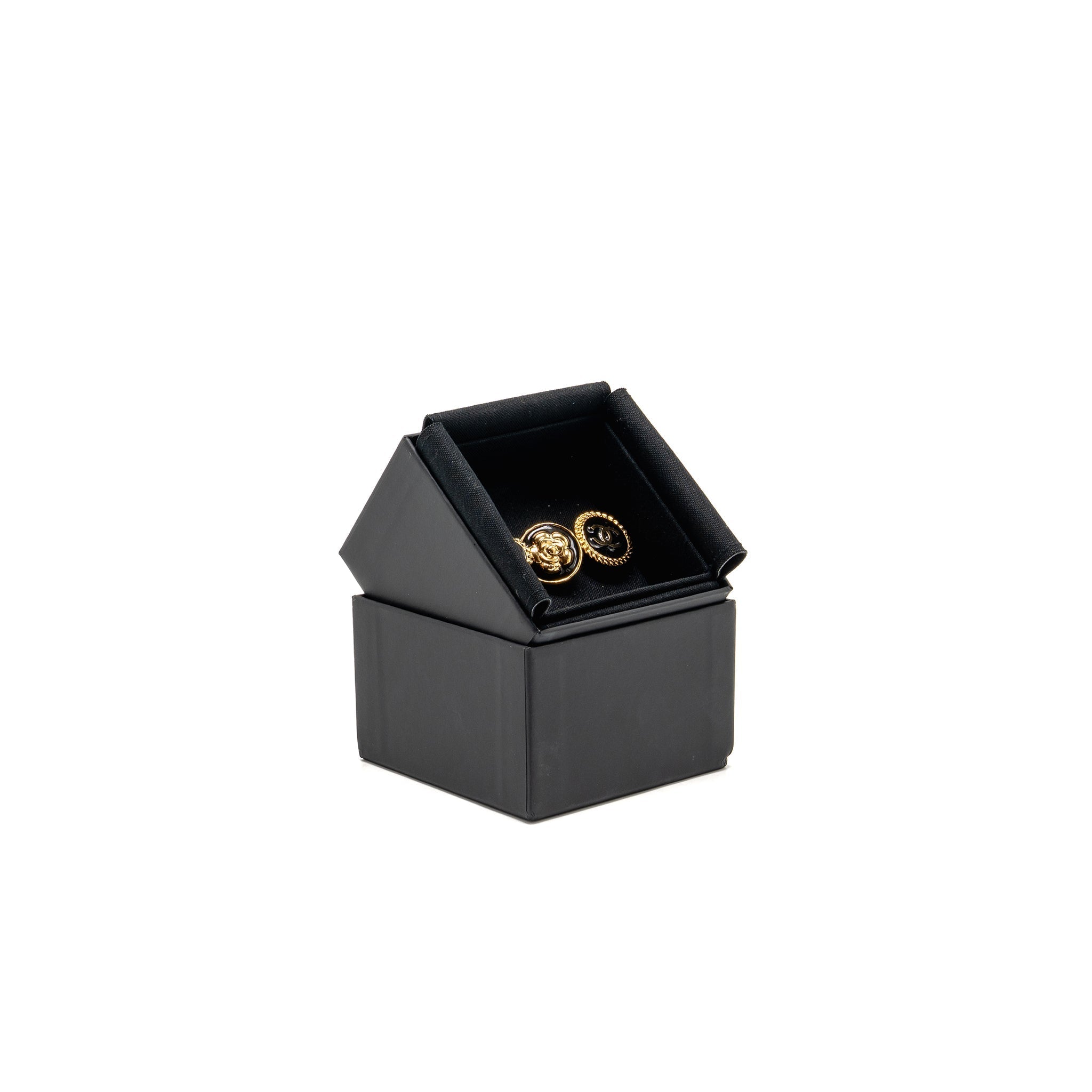 CHANEL CC, CAMELLIA, LUCKY CLOVER BROOCH SET BLACK GOLD TONE