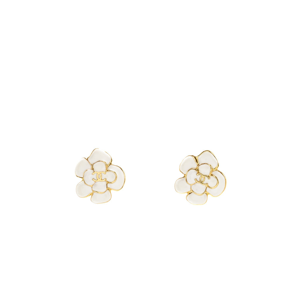 CHANEL WHITE CAMELLIA FLOWER STUD EARRINGS GOLD TONE