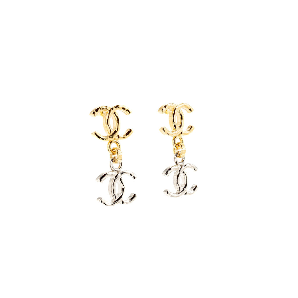 CHANEL DOUBLE CC PENDANT EARRINGS GOLD/SILVER TONE