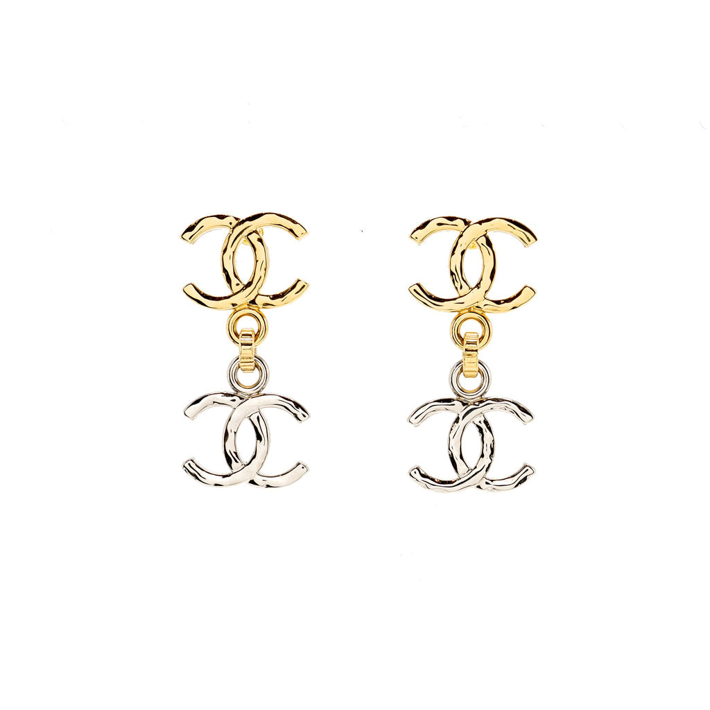 CHANEL DOUBLE CC PENDANT EARRINGS GOLD/SILVER TONE