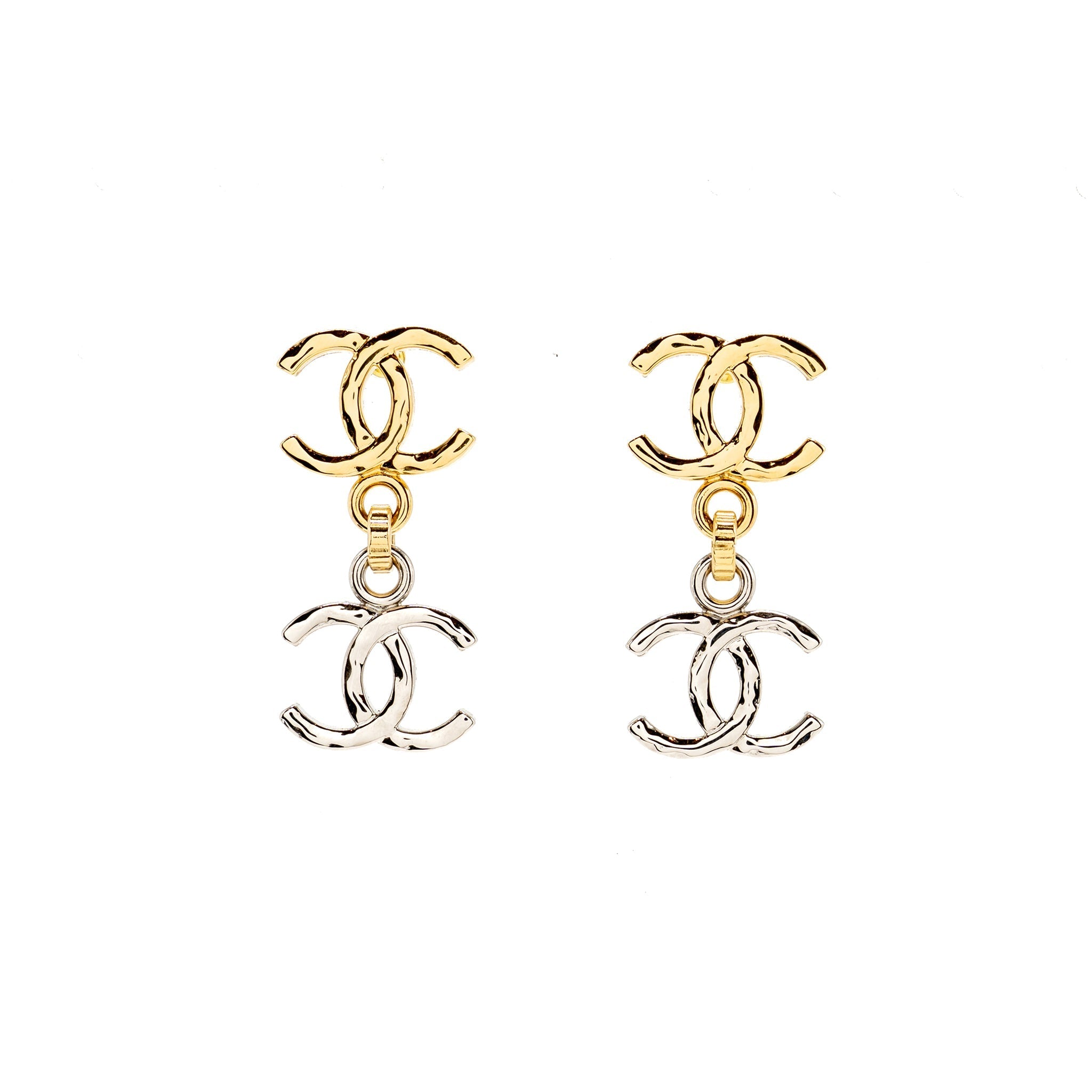 CHANEL DOUBLE CC PENDANT EARRINGS GOLD/SILVER TONE