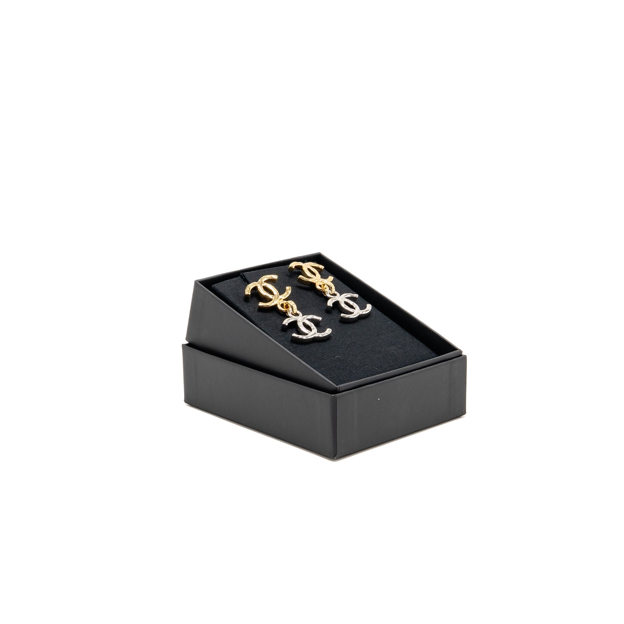 CHANEL DOUBLE CC PENDANT EARRINGS GOLD/SILVER TONE