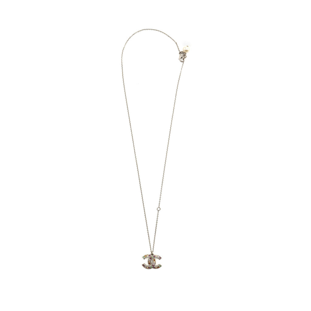 CHANEL CC LOGO LONG NECKLACE MULTICOLOURED CRYSTAL SILVER TONE