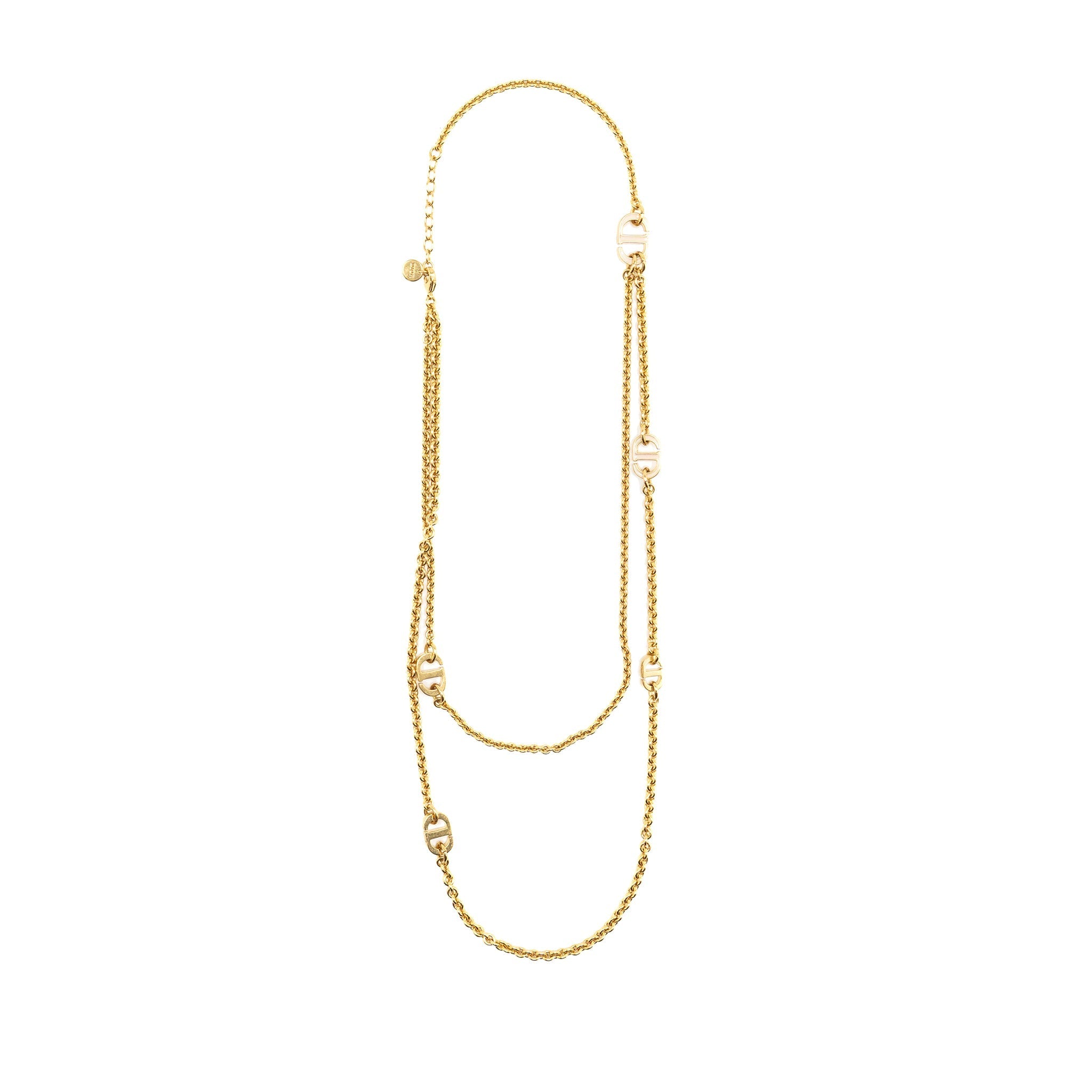 DIOR PETIT CD DOUBLE CHAIN NECKLACE PINK GOLD TONE