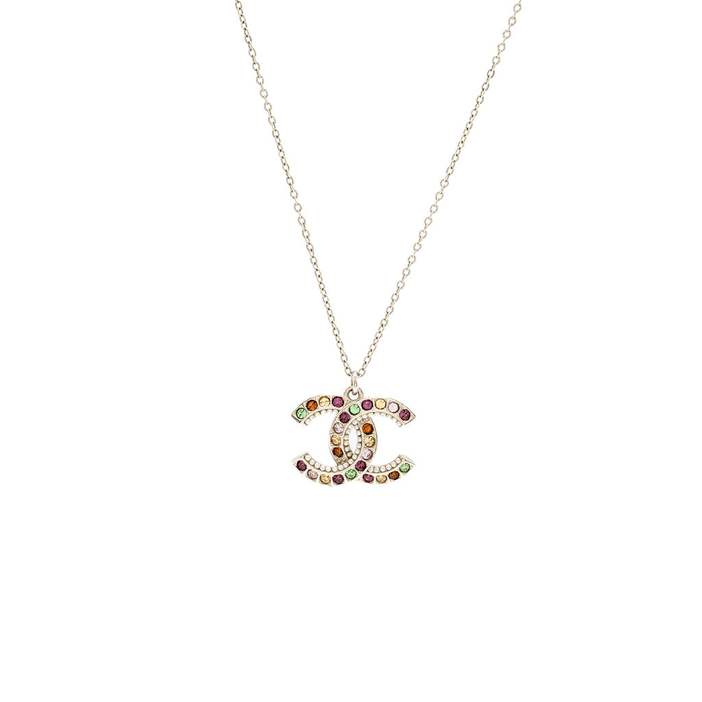 CHANEL CC LOGO LONG NECKLACE MULTICOLOURED CRYSTAL SILVER TONE