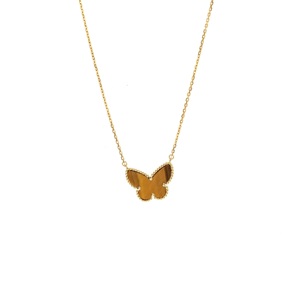 VAN CLEEF & ARPELS LUCKY ALHAMBRA BUTTERFLY PENDANT, YELLOW GOLD, TIGER’S EYE