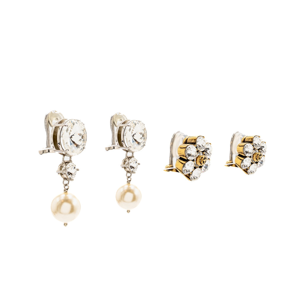 GUCCI GG CRYSTAL GOLD TONE AND MIU MIU PEARL DROP CRYSTAL SILVER TONE CLIP-ON EARRINGS (SELL IN A SET)