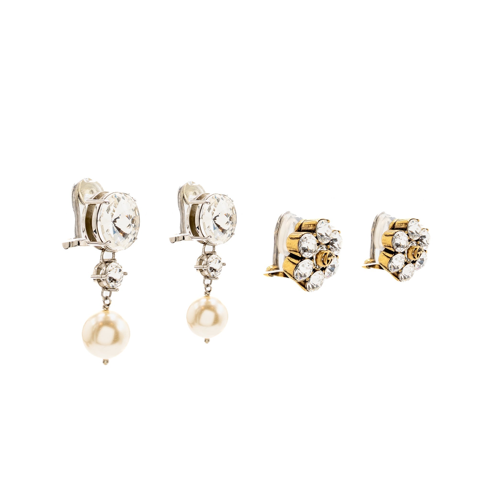 GUCCI GG CRYSTAL GOLD TONE AND MIU MIU PEARL DROP CRYSTAL SILVER TONE CLIP-ON EARRINGS (SELL IN A SET)