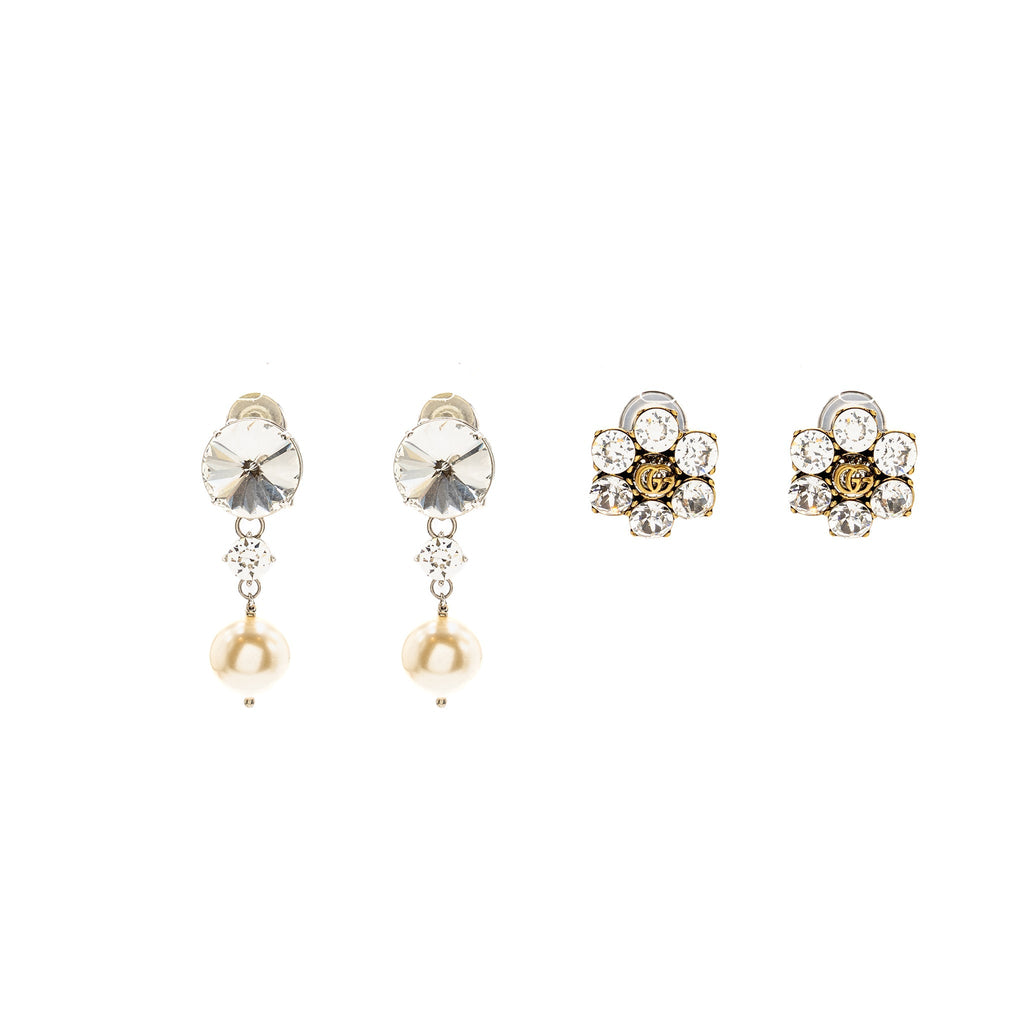 GUCCI GG CRYSTAL GOLD TONE AND MIU MIU PEARL DROP CRYSTAL SILVER TONE CLIP-ON EARRINGS (SELL IN A SET)