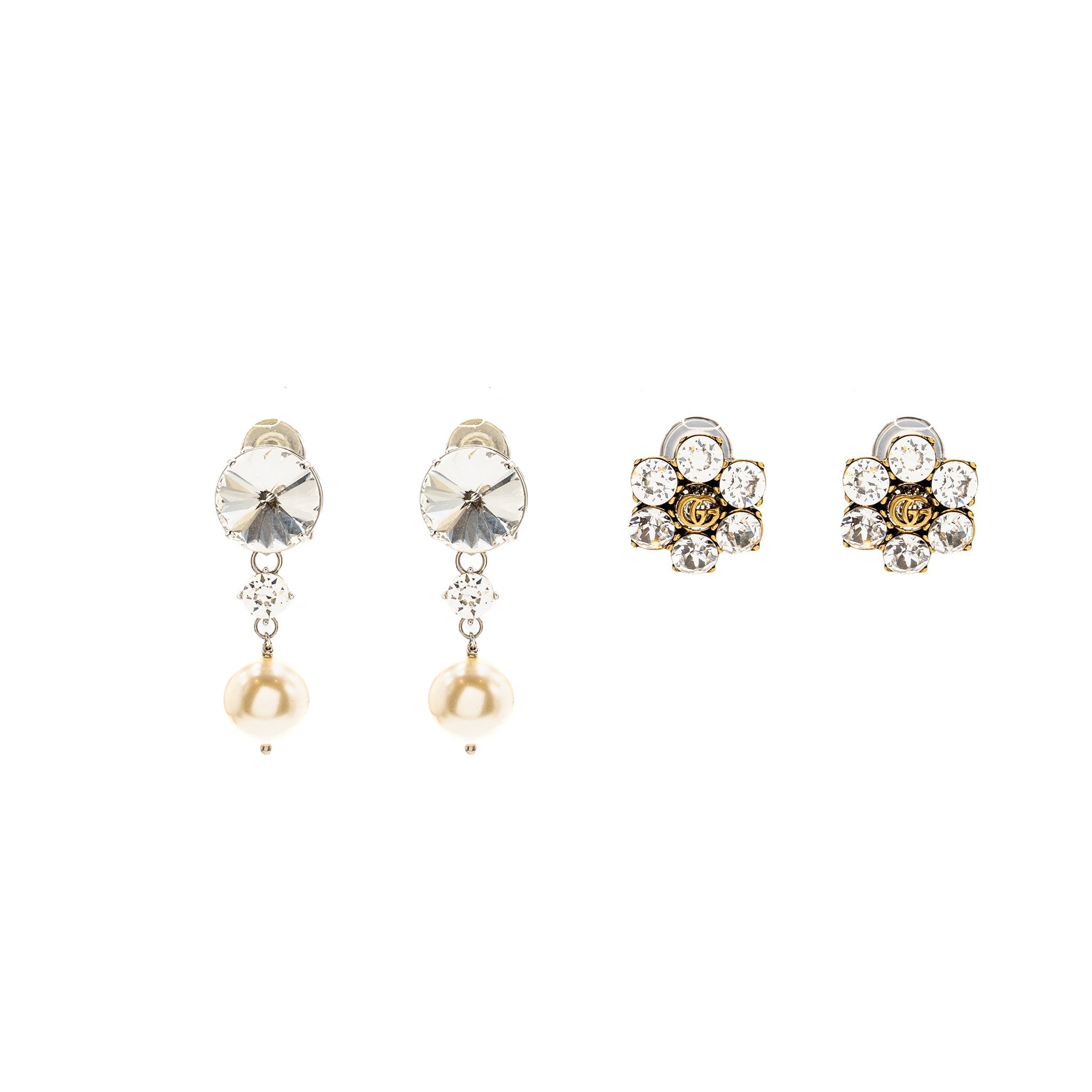 GUCCI GG CRYSTAL GOLD TONE AND MIU MIU PEARL DROP CRYSTAL SILVER TONE CLIP-ON EARRINGS (SELL IN A SET)
