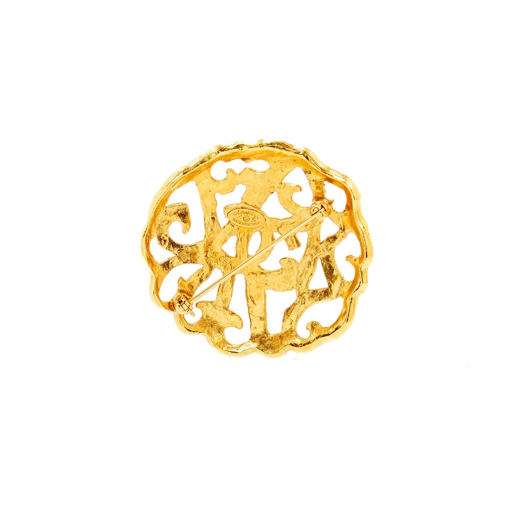 CHANEL VINTAGE FILIGREE CAMELLIA BROOCH WITH FLOWER CC LOGO EAR CLIPS GOLD PLATED GHW (SELL IN A SET)
