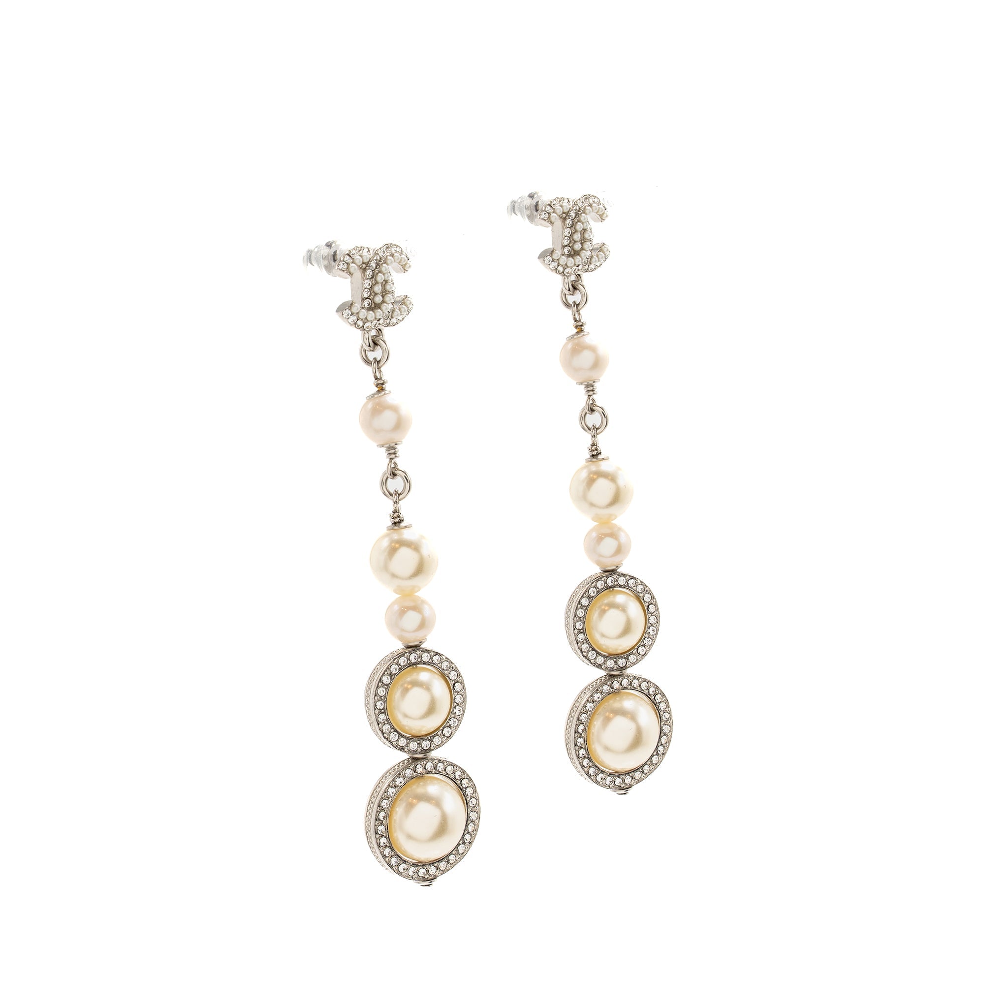 CHANEL CRYSTAL PEARL DROPPED CC LOGO EARRINGS SILVER TONE