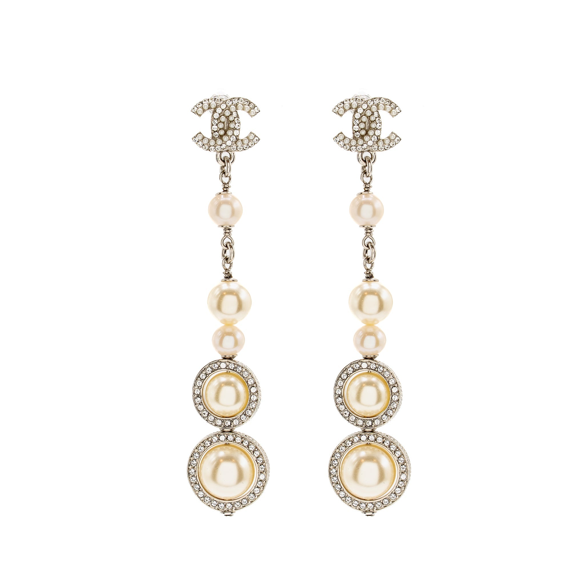 CHANEL CRYSTAL PEARL DROPPED CC LOGO EARRINGS SILVER TONE