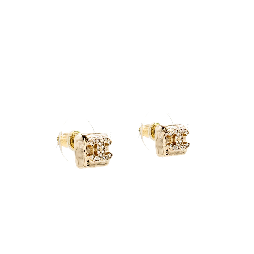 CHANEL MINI SQUARE CRYSTAL CC LOGO EARRINGS GOLD TONE